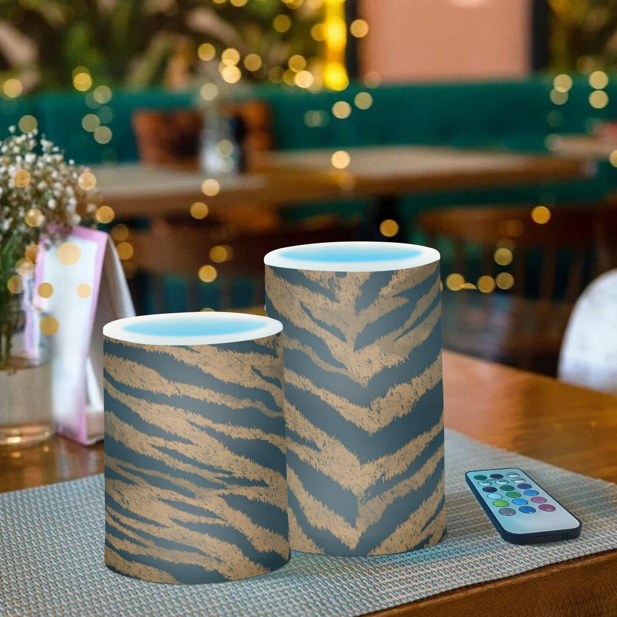 panksolu Flickering Flameless Candles, Tiger Skin Print LED Candles with Remote Timer, Battery Operated Candle forWedding Halloween Christmas Decor - Set of 2