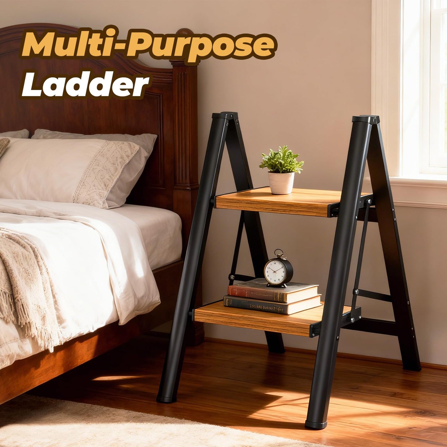 HBTower Step Ladder,Lightweight Aluminum Folding Step Stool with Anti-Slip Wide Pedal,330lbs Capacity Step Ladder for Household,Kitchen,Office - BlackWoodgrain