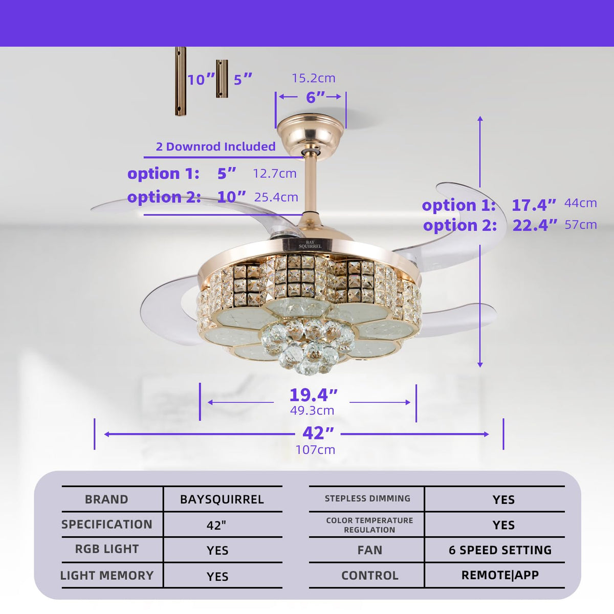 BAYSQUIRREL Retractable Crystal Ceiling Fan with Light, Bluetooth Ceiling Fan with Speaker, RGB-LED Light 6 Speed Reversible Low Profile Modern Invisible Ceiling Fan,Remote and APP Control