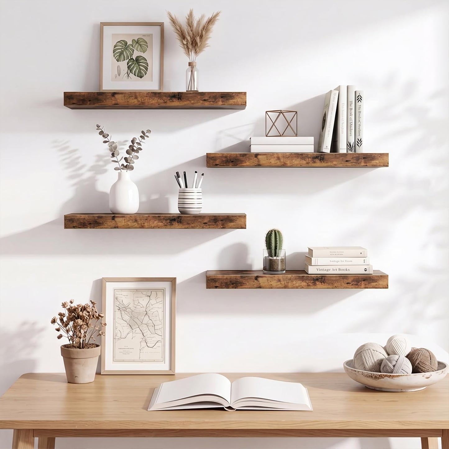 Fixwal Wood Floating Shelves, Wall Shelves Set of 4, Shelves for Wall Decor, with Invisible Brackets for Bathroom, Living Room,Bedroom and Kitchen(15.7in, Rustic Brown)
