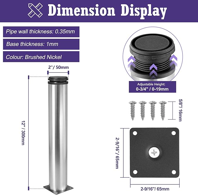 12 Inch Metal Furniture Legs Stainless Steel Adjustable Legs Silver Metal Legs