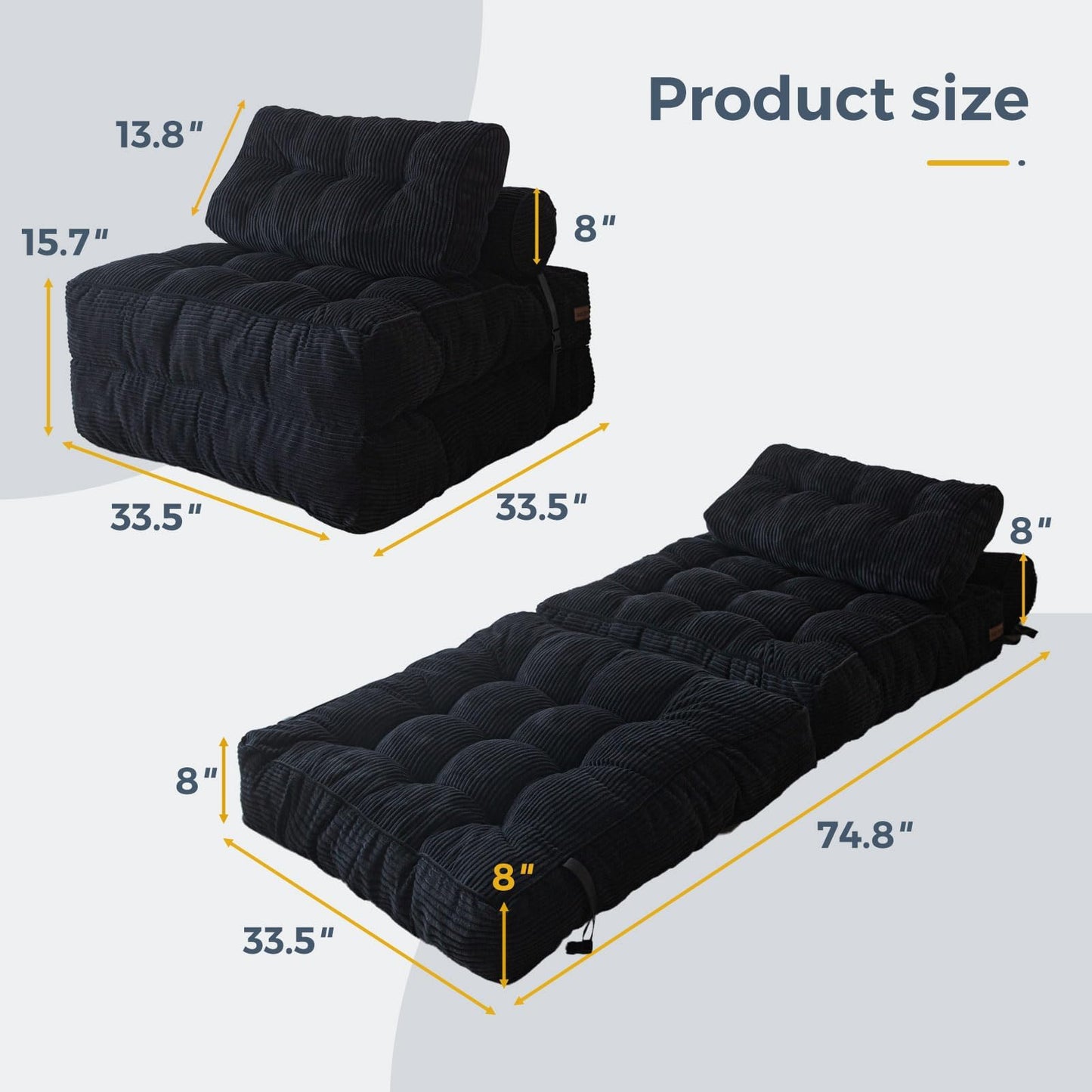 MAXYOYO Folding Sofa Bed, Convertible Chair with Pillow Foldable Couch with Back Support, Portable Fold Out Chair Bed Comfy Floor Sofa Lounge for Living Room Bedroom, Black, Single