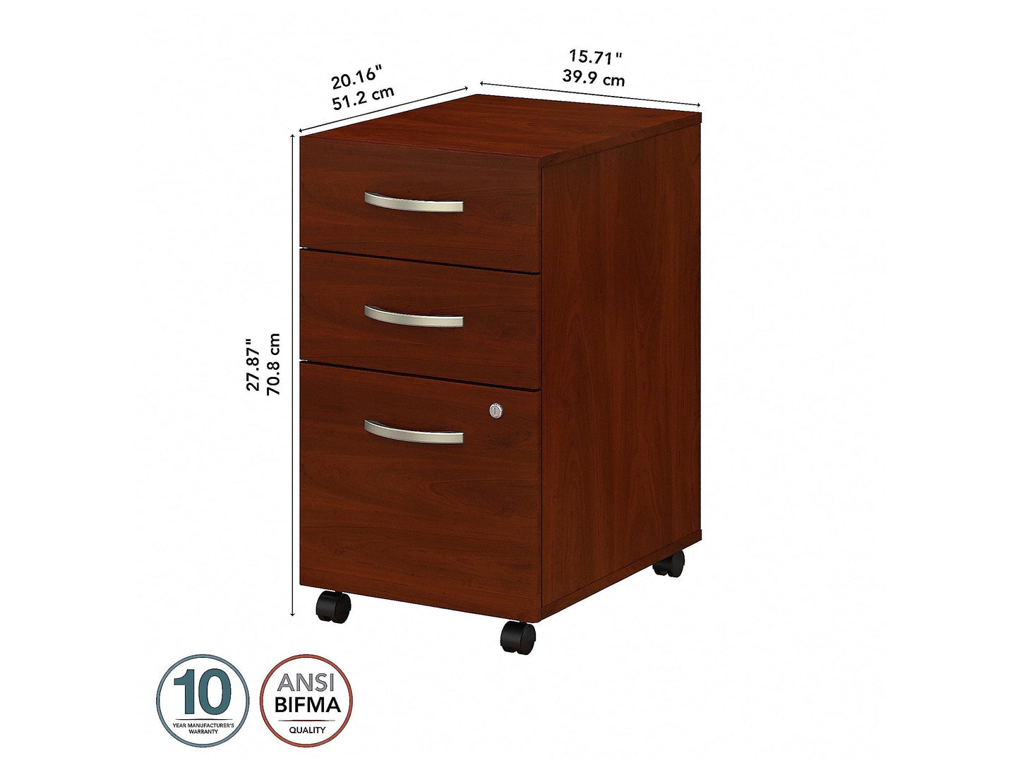 Bush Business Furniture 3 Drawer Mobile File Cabinet - Assembled, Rolling Document Storage for Home or Professional Office, Studio C Collection, Hansen Cherry