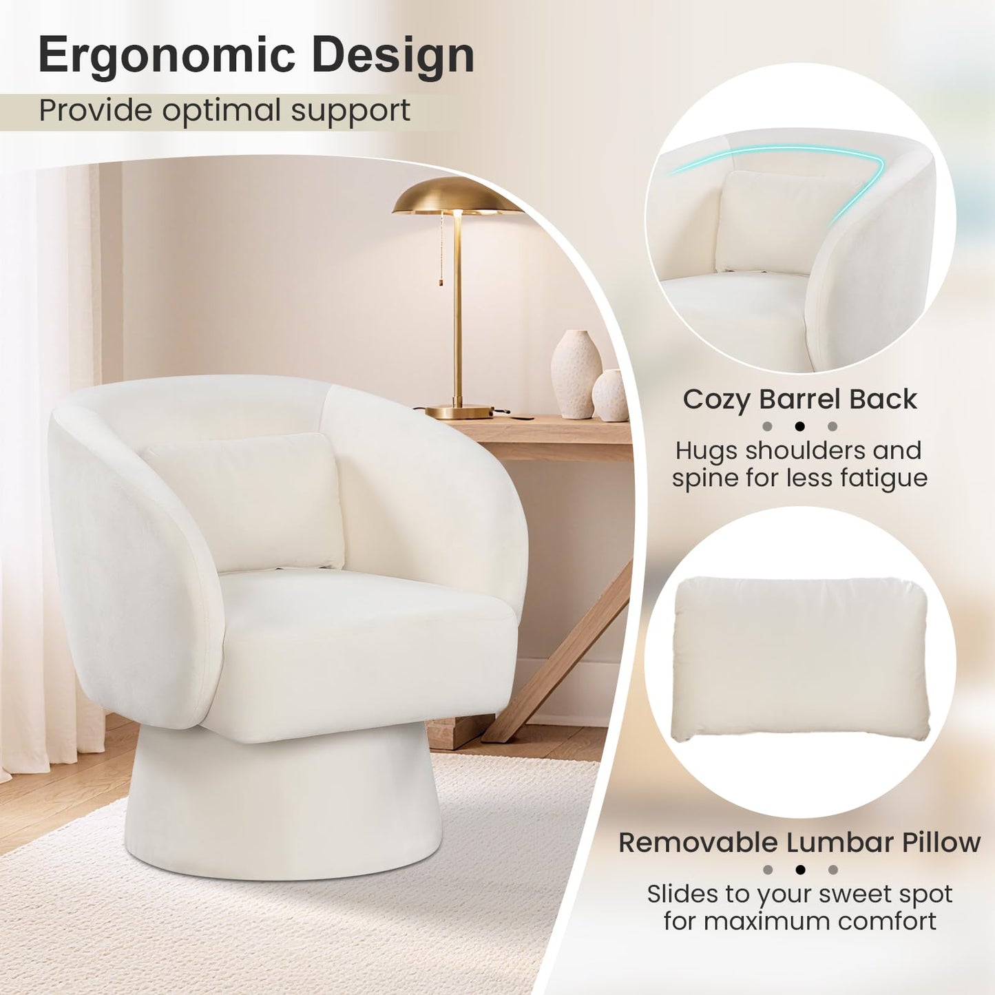 Giantex Swivel Accent Chair, Upholstered Barrel Chair with Curved Back & Removable Lumbar Pillow, Comfy Round Armchair with 360° Rotating Function, Single Sofa Chair for Living Room