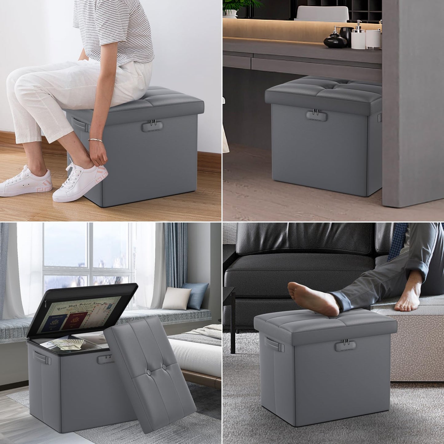 DocSafe Storage Ottoman with Lock,Fireproof Folding Ottoman Foot Rest Stool Storage Chest with Storage Safe for Important Documents,Waterproof 17 Inches Short Ottoman Foot Stool with Handles,Grey