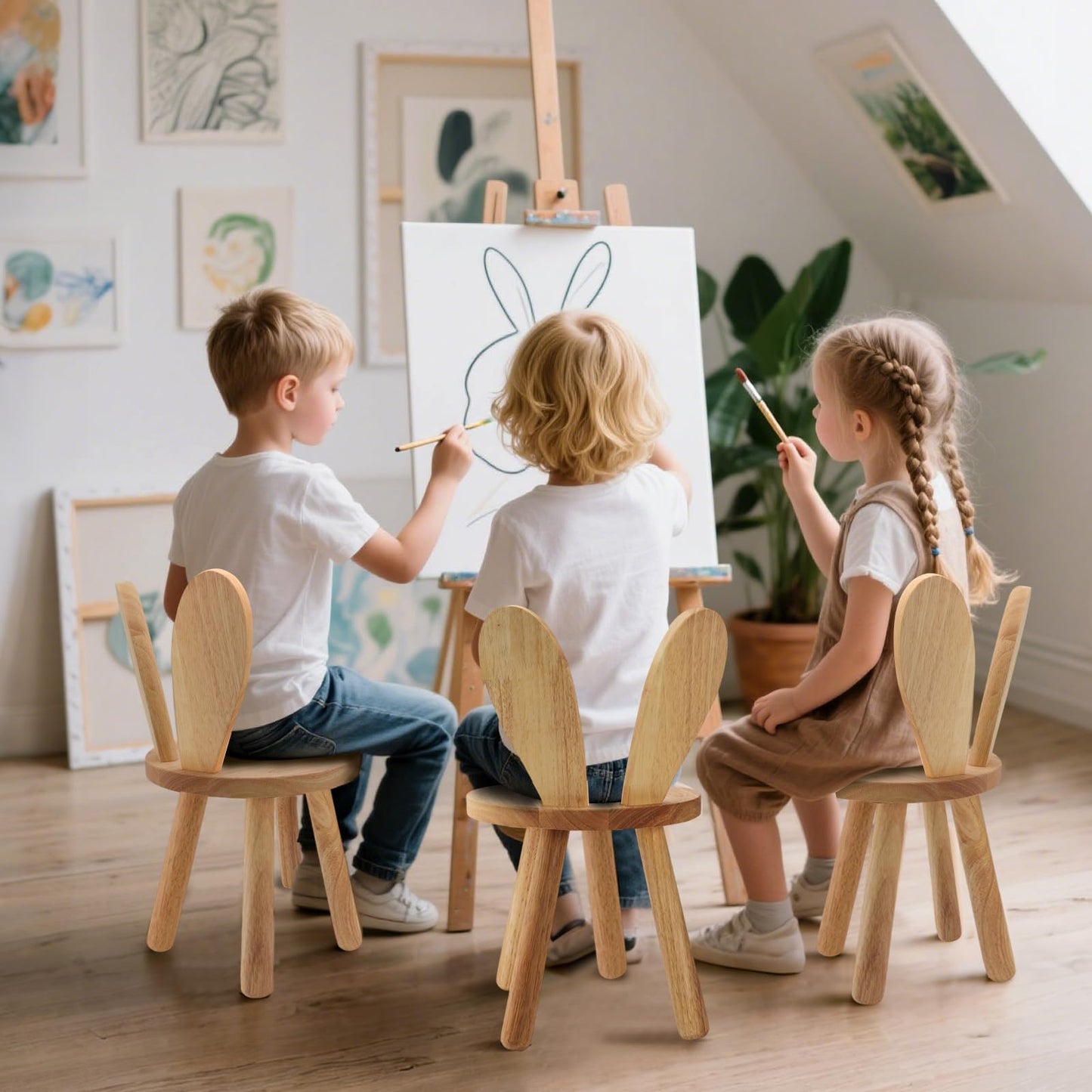 Wooden Step Stool for Toddlers, 2-in-1 Kids Chair & Desk Seat, Solid Rubberwood Bunny Ears Backrest, Wood Wax Oil Finish, CPC Certified Sturdy Seating for Playroom Classroom Nursery, Natural（1 Pack）