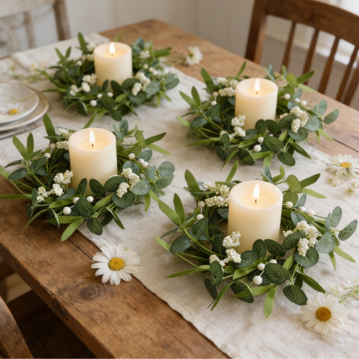 4 Pcs Green Artificial Eucalyptus Candle Rings Wreaths Mini Green Kitchen Cabinet Wreath Table Centerpieces Spring Summer with White Berry for Pillars Farmhouse Porch Front Door Wedding Decor