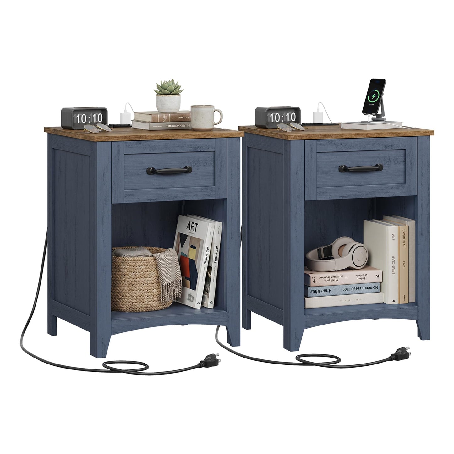 VASAGLE LIRY Collection - Farmhouse Nightstands with Charging Station, Set of 2 Bedside Tables, Side Tables with Drawer, Open Compartment, for Bedroom, Rustic Blue and Honey Brown LET659Q101S-2J