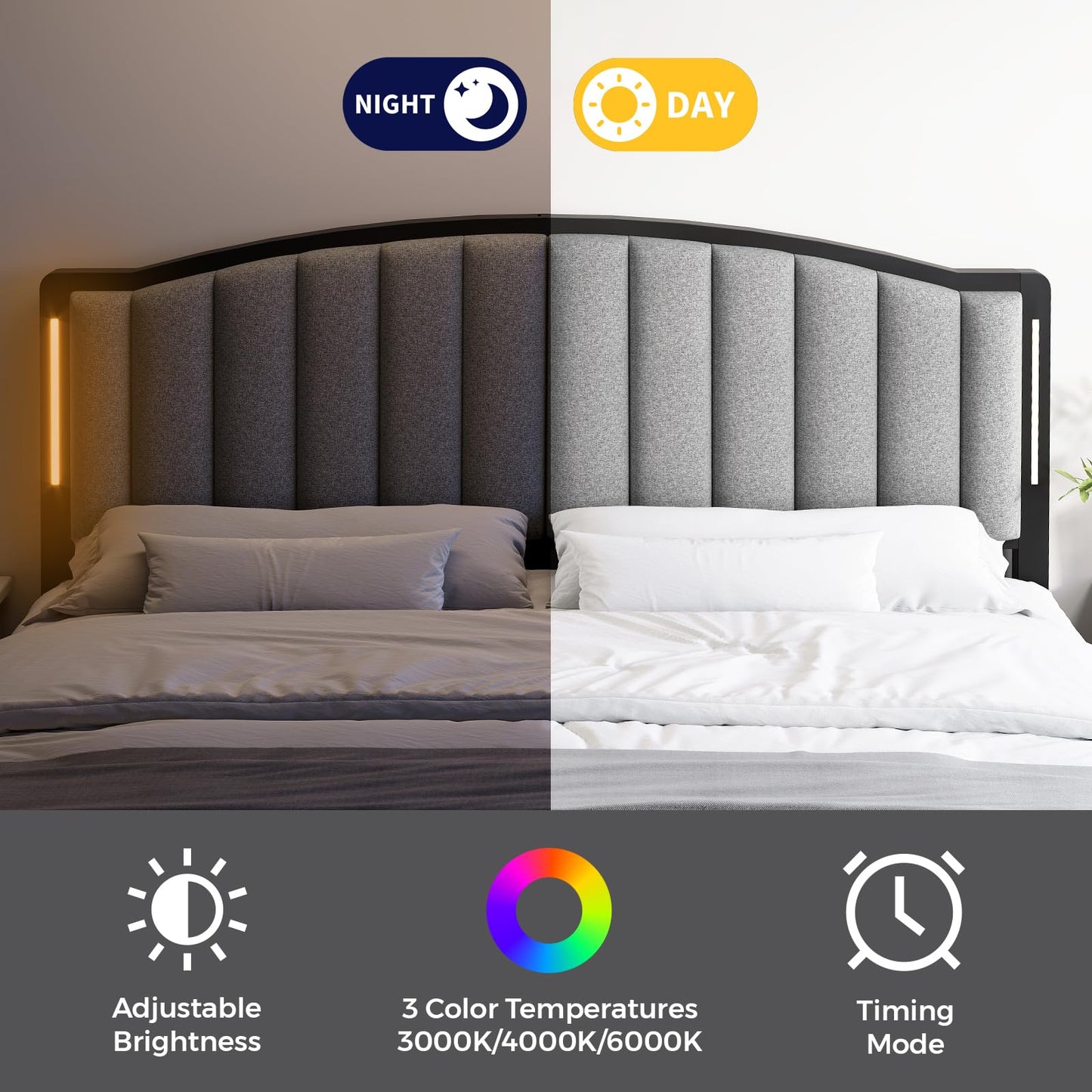 Salamir Headboard for Queen Size Bed with LED Lights, Upholstered Vertical Channel Tufting Head Boards, Linen Fabric Bed Headboard Only, Attach Frame, Ideal for Bedroom, Dorm, Guest Room, Grey