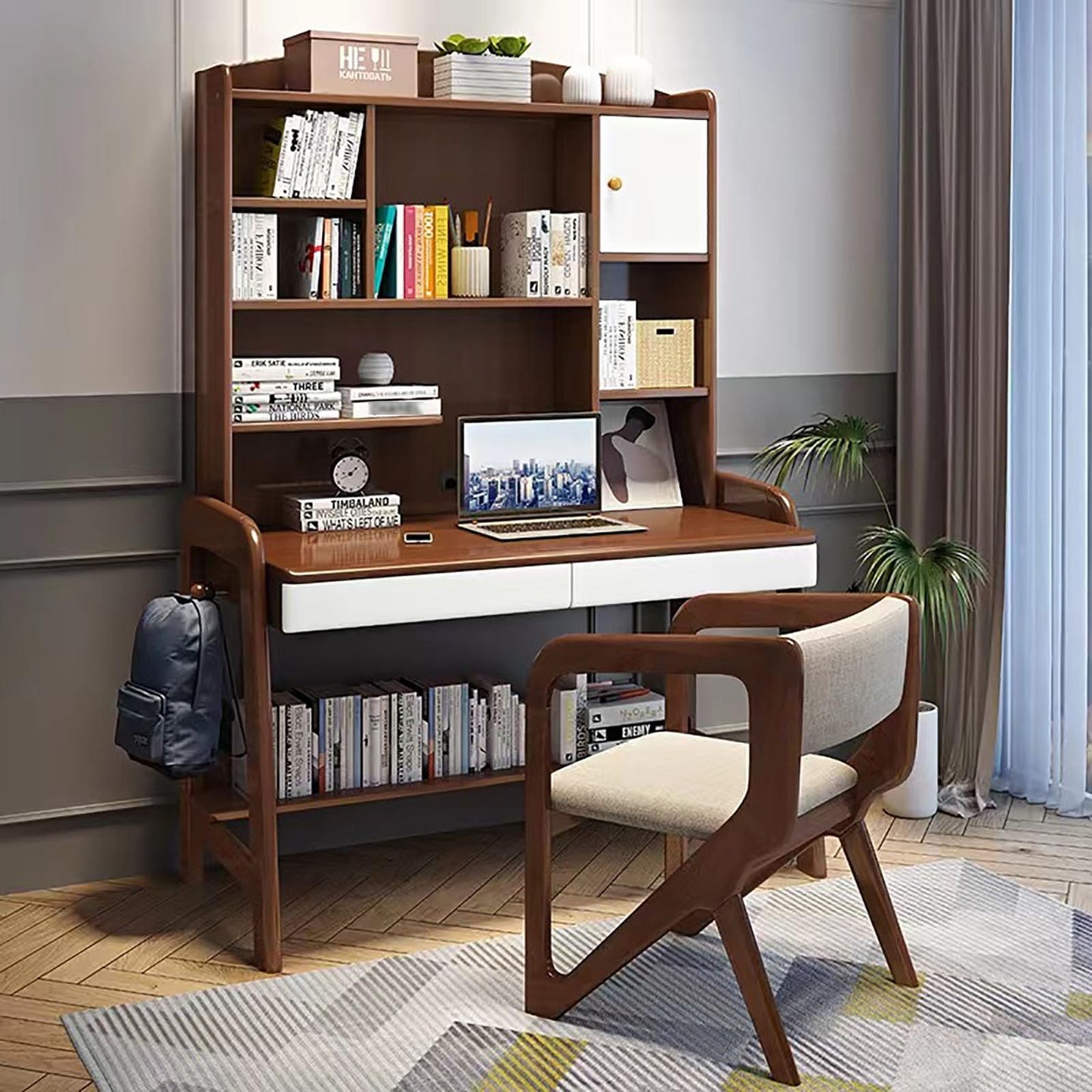 Study Desk Table with Hutch & Bookshelf & Drawers,Solid Wood Chi-*ld*ren Computer Desk Office Desk,Height Adjustable Workstation Teen*AGER Writing Desk for Home School, 126x60x177cm(50x24x70in)