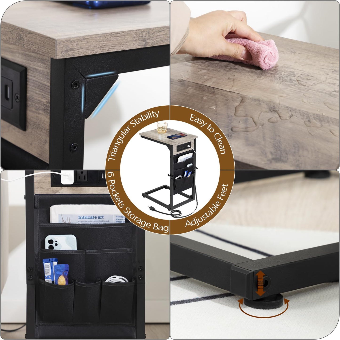 AMHANCIBLE C Shaped End Table with Charging Station, Couch Side Tables that Slide Under Sofa with Storage Bag, Slim TV Tray with USB Ports and Power Outlets for Living Room, Bedroom, Grey HET04CGY