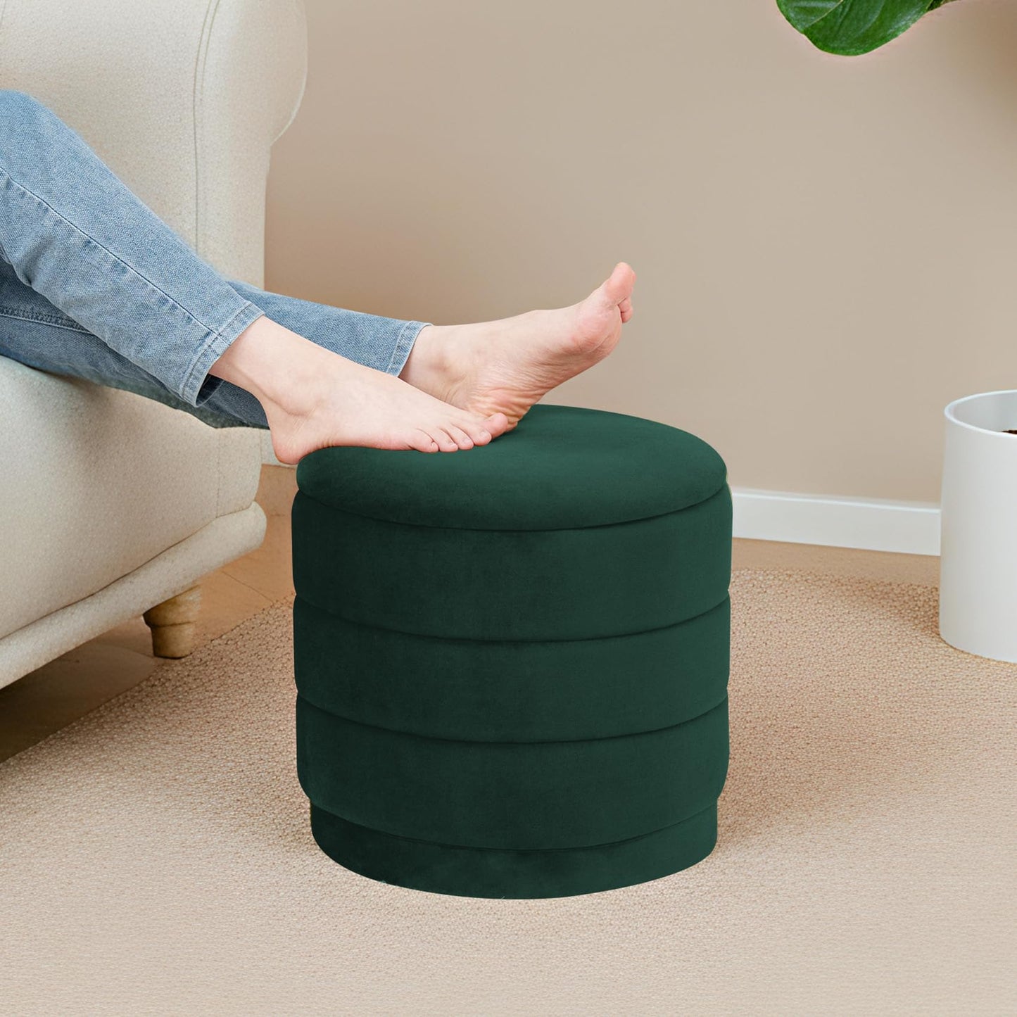 ZOLANOful 15.4" Round Velvet Storage Ottoman with Reversible Lid, Upholstered Circular Ottoman Footrest with Hidden Storage, Foldable Padded Footstool for Dorm Living Room & Bedroom, Bottle Green