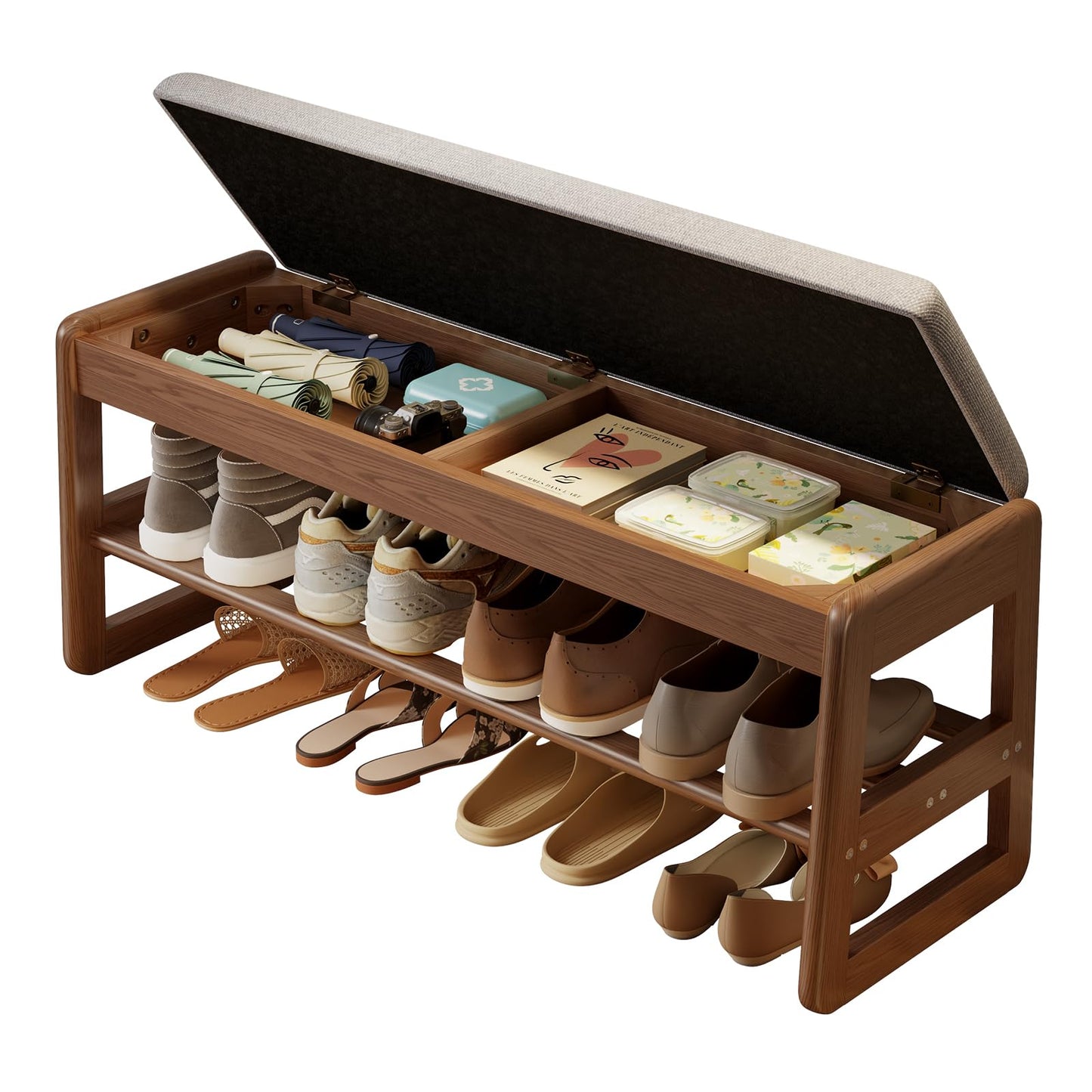 AQIMUELE Shoe Rack Bench,2 Tiers Shoe Bench with Storage with Flip-Top,Wood Shoe Rack for Entryway,Hallway(Walnut Upholstered Seat,11.8" D x 39.3" W x 15.7" H