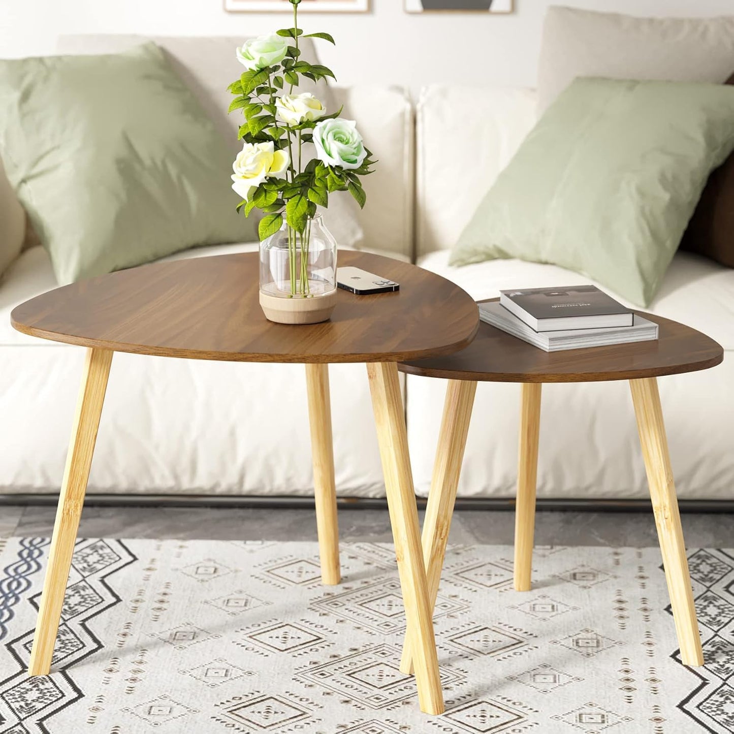 BAMEOS Bamboo Nesting Triangle End Table,Set of 2 Side Table Modern Minimalist Coffee Table for Living Room (Walunt)