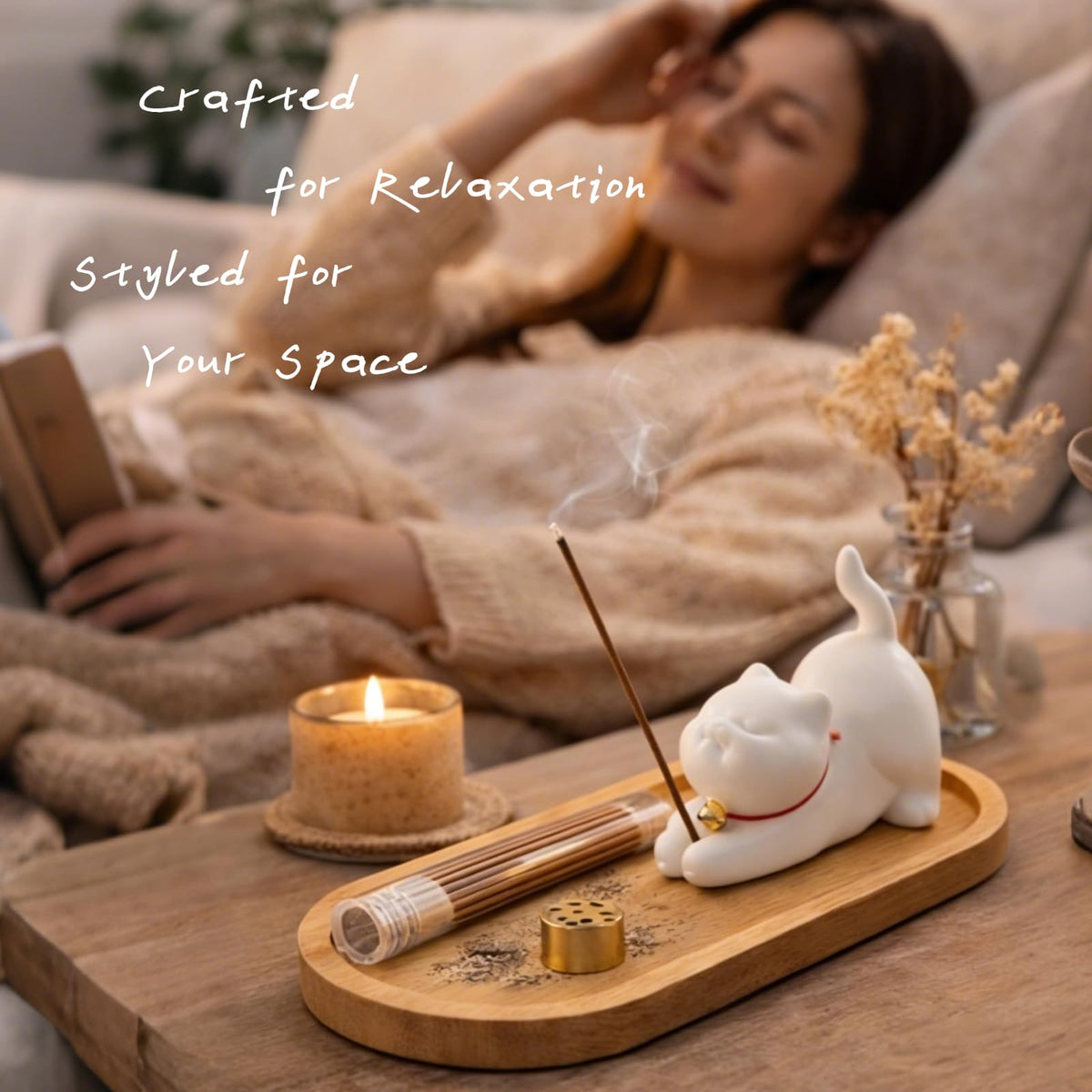 Cute Ceramic Cat Incense Holder Set with Bamboo Ash Tray and Sticks, Handmade Cat Incense Burner Incense Holder for Sticks for Yoga Spa Meditation Massage Home Office Desk Decor Zen Space Gifts