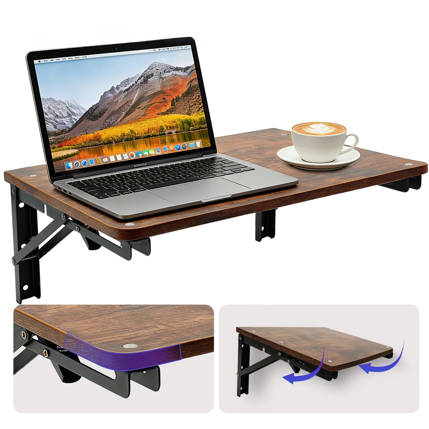 Wooden Folding Shelf Wall Mounted for Small Space, Wall Table for Living Room Bedroom Decor, Home Office Floating Fold Down Desk, Media Shelves with Heavy-Duty Brackets Holds Up to 30lbs, 16.5"*11.8"