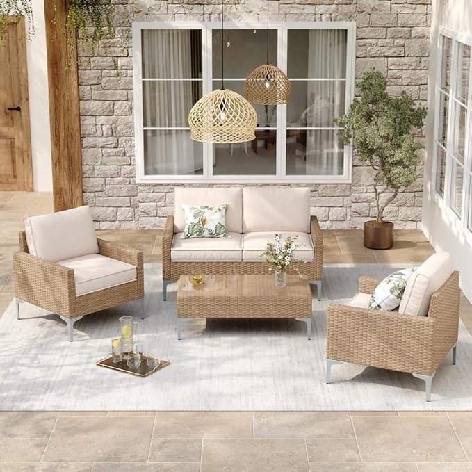 JOYURE 4-Piece Patio Furniture Set, Outdoor Wicker Patio Conversation Set