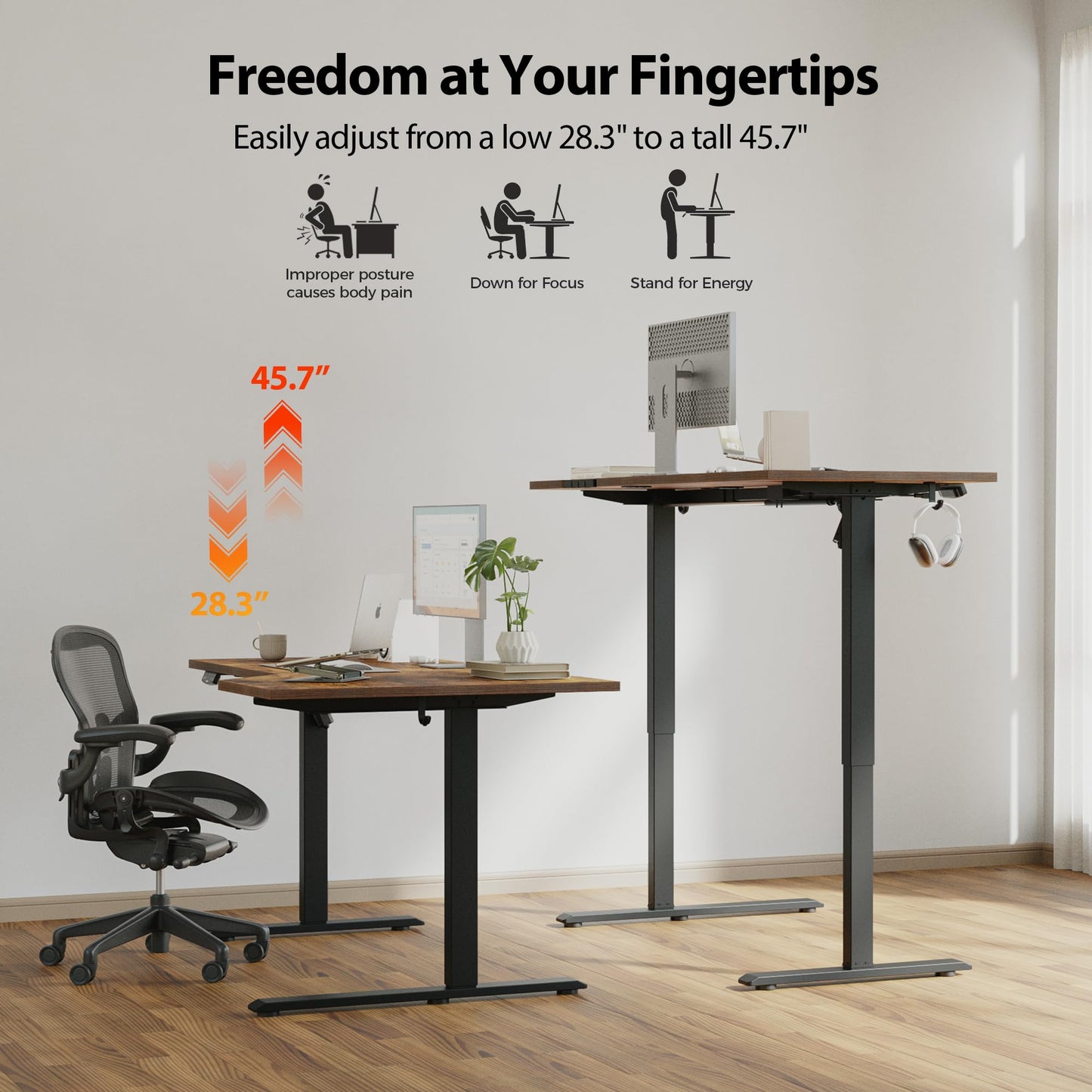 Agilestic Electric Standing Desk, Height Adjustable Desk, 48 x 28 Inch Sit Stand up for Work Office Home, L Shaped Ergonomic Rising Computer Table with Memory Preset, Rustic Brown