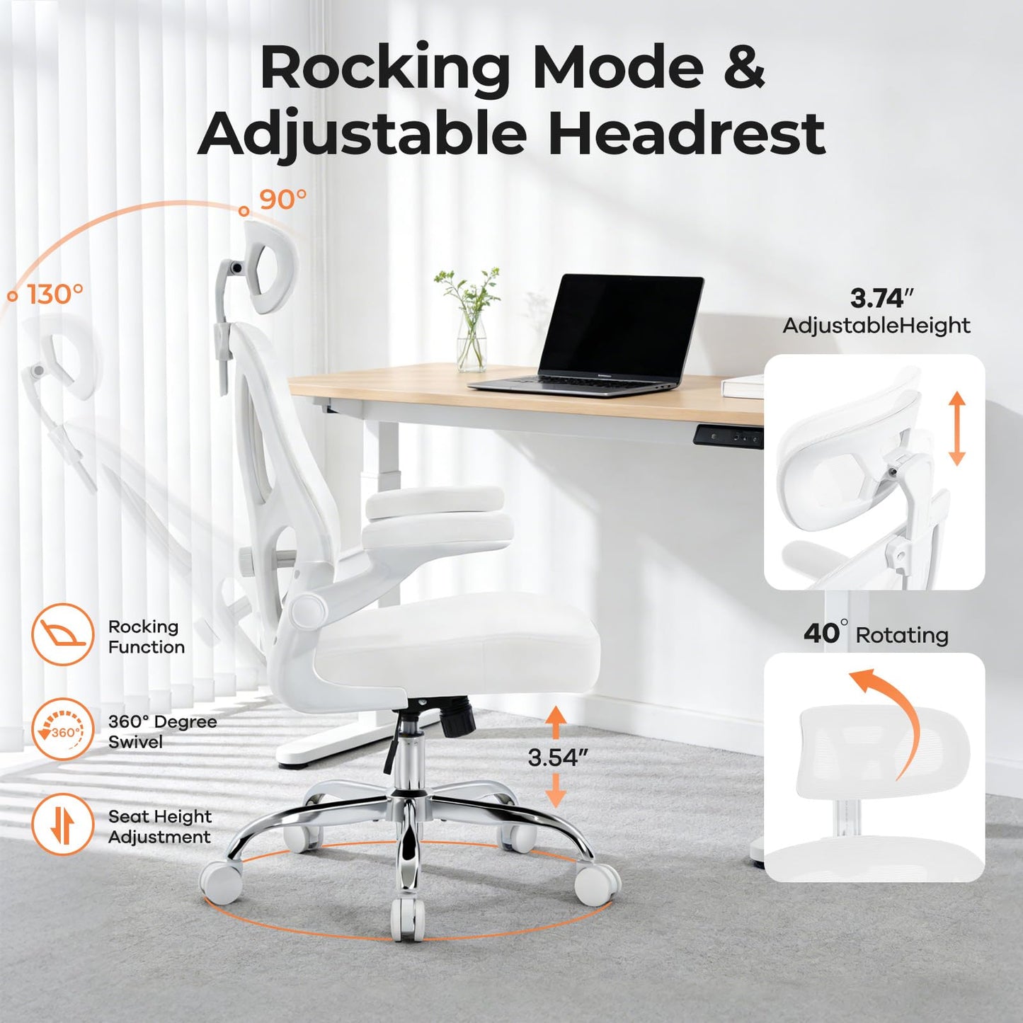 shipborne Office Chair Ergonomic Office Chair with Lumbar Support, Head Support, Rocking Function, FLIP-up Armrests, Mesh High Back Chair Home Office Desk Chair, Suitable for Home, Office, White