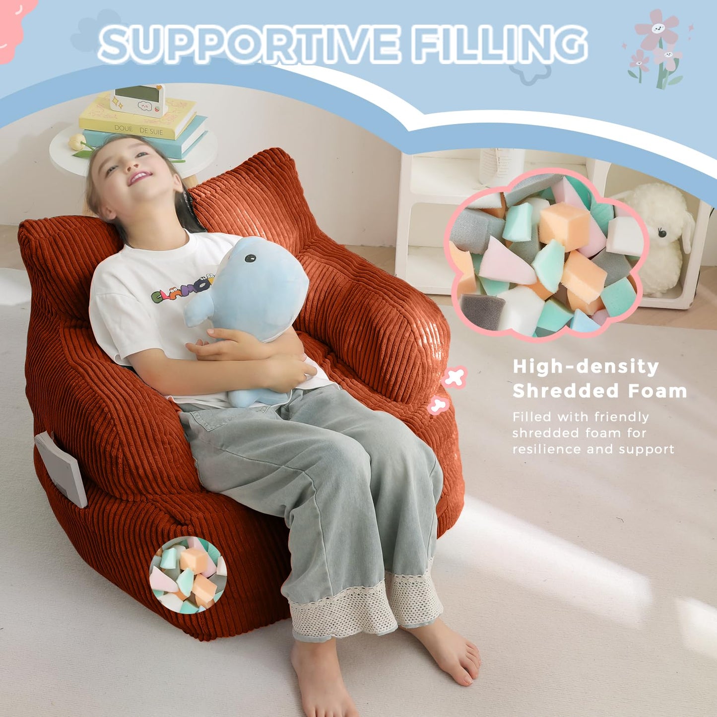 MAXYOYO Kids Bean Bag Chair, Stuffed Toddler Bean Bag Sofa with Filler Cozy for Boys and Girls, Lazy Sofa with Pocket Floor Chair for Gaming, Reading, Orange