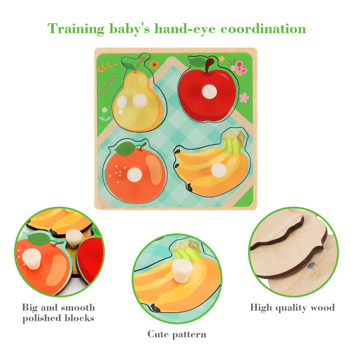 Wooden Peg Puzzles for Toddlers 1-3, Kids' Educational Preschool Peg Puzzle Toy, Set of 4 Toddler Puzzles - Farm, Dinosaur, Fruit and Marine Animals, Ideal Gift for Ages 1 2 3 Boys and Girls