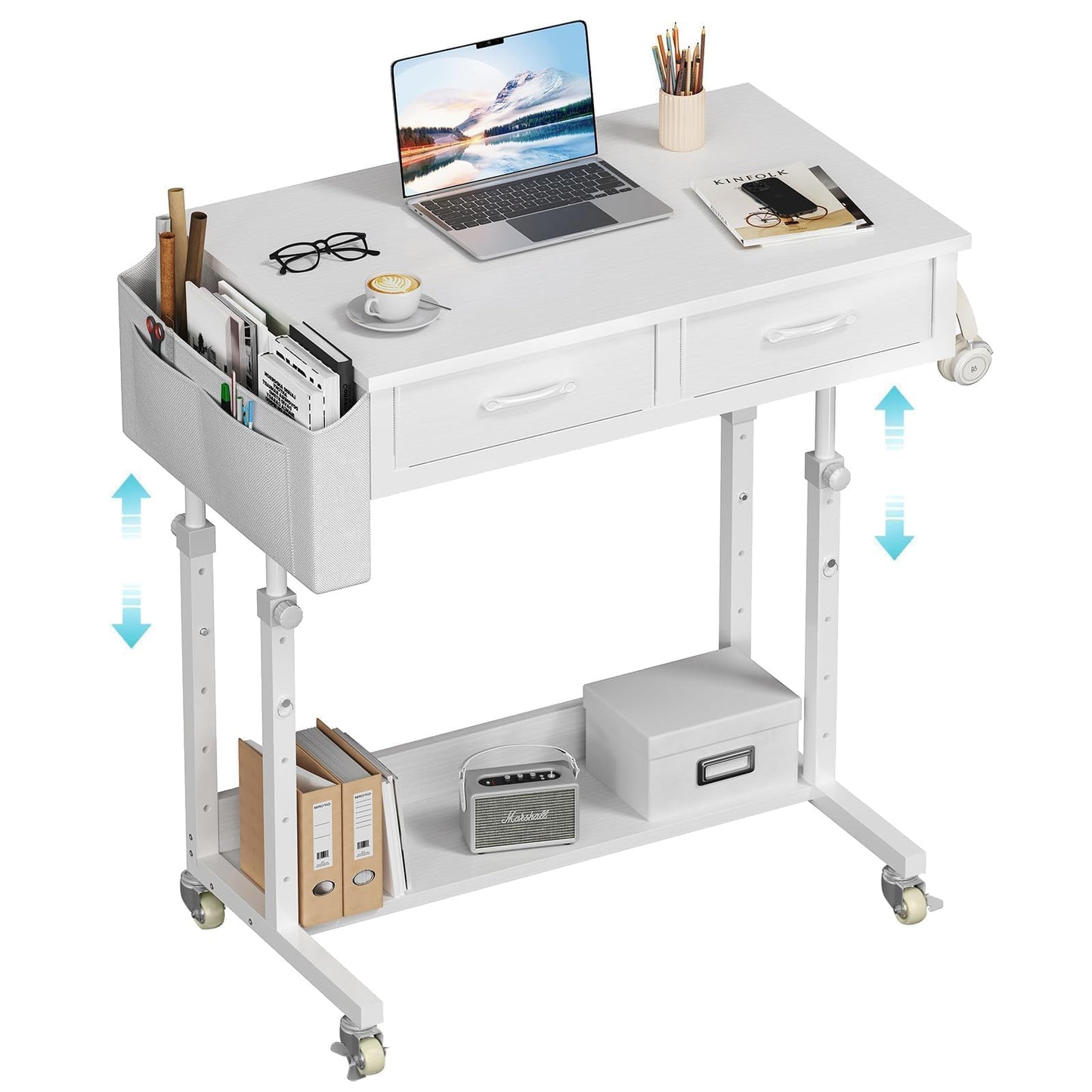 WINAZ Small Rolling Desk with Drawers & Storage - Mobile Workstation on Wheels for Teacher & Student, Adjustable Height Portable Standing Desk for Small Spaces, Compact Sewing & Crafting Table