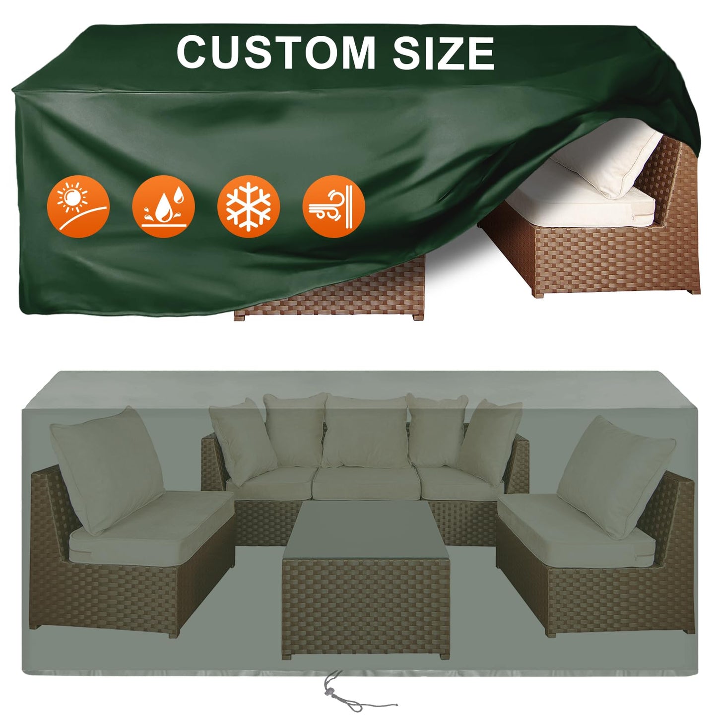Cisvio Patio Furniture Cover Rectangle 56"(L) x 28"(W) x 28"(H), Custom Heavy Duty 420D Waterproof Outdoor Cover with Drawstring & Buckles for Table Chair Garden, Green