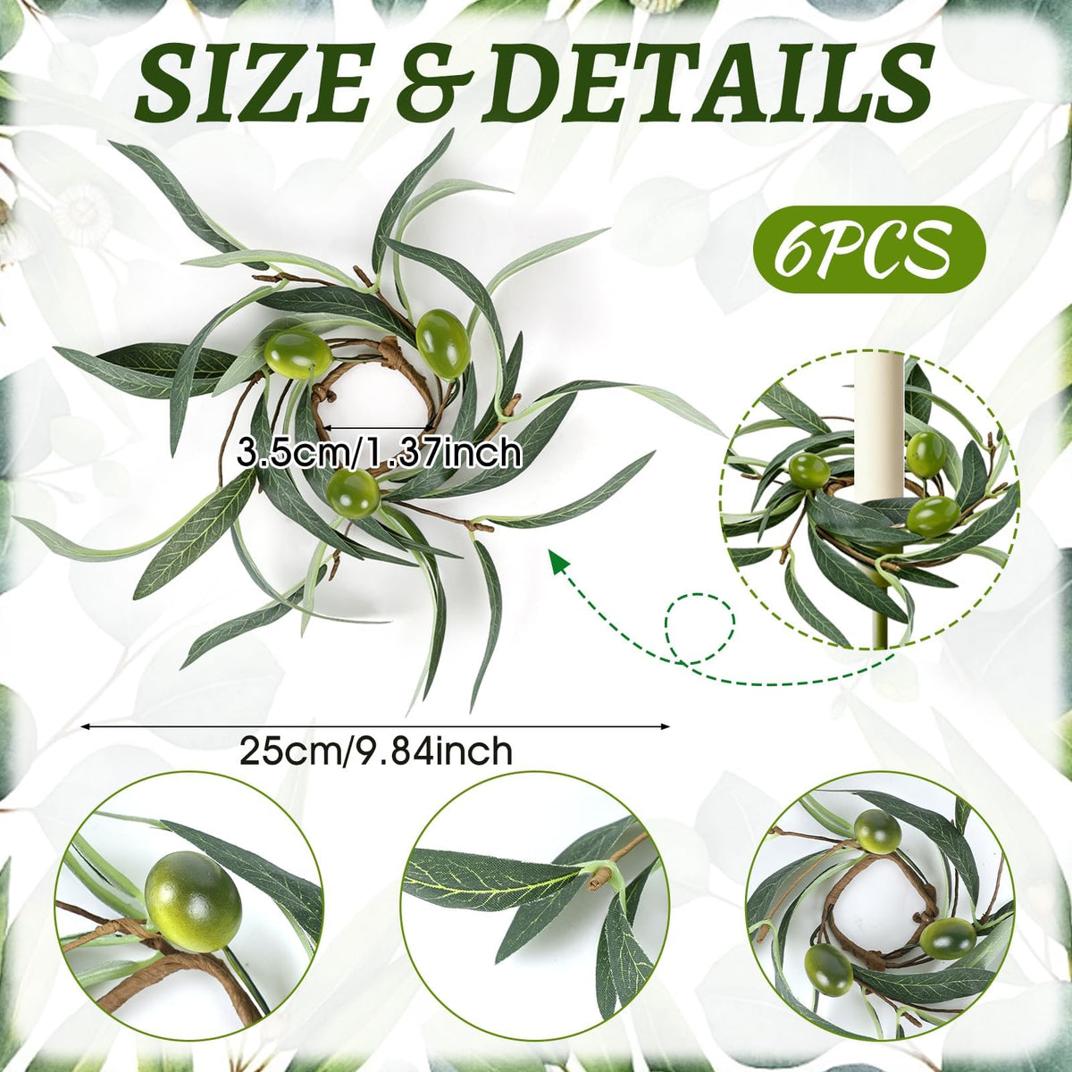 6 PCS 1.38" Mini Spring Summer Taper Candle Ring Mini Green Olive Candle Rings for Tapers Small Artificial Greenery Candle Holder Wreaths for Table Centerpieces Home Wedding Candlesticks Decor