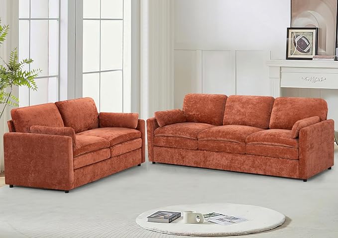 Classic Chenille Sofa Set with 2 Extra Armrest Pillows, Loveseat and 3-Seat