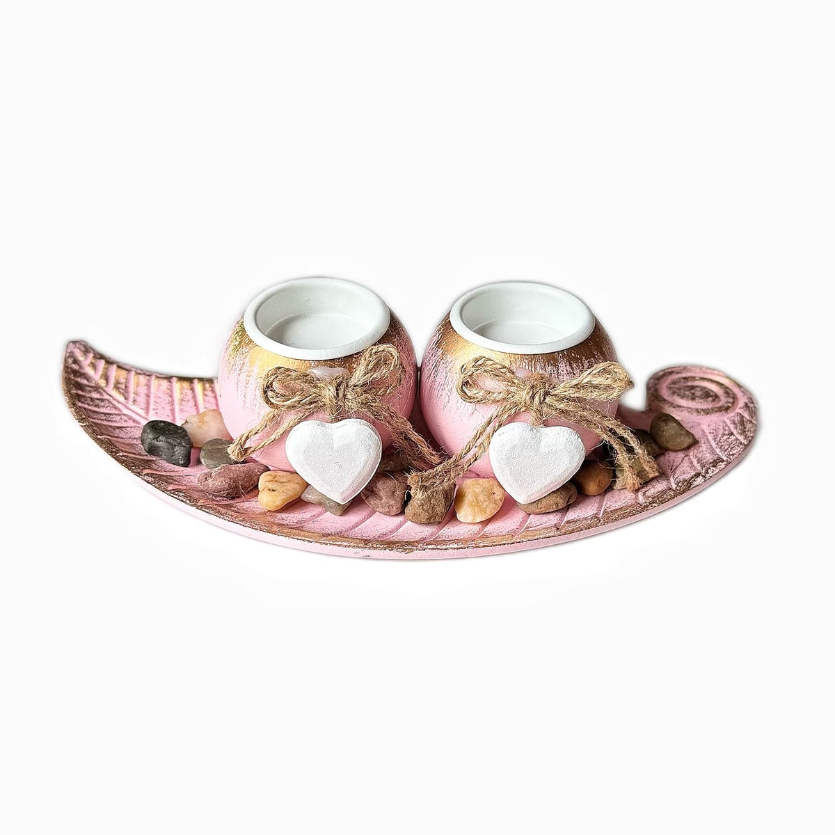 Fiarbrty Wooden Tealight Candle Holders,Pink Leaf Shaped Wooden Tray with Two Tealight Candles, Holders for Table Centerpiece Decor,Wedding,Anniversary,Valentine's Day