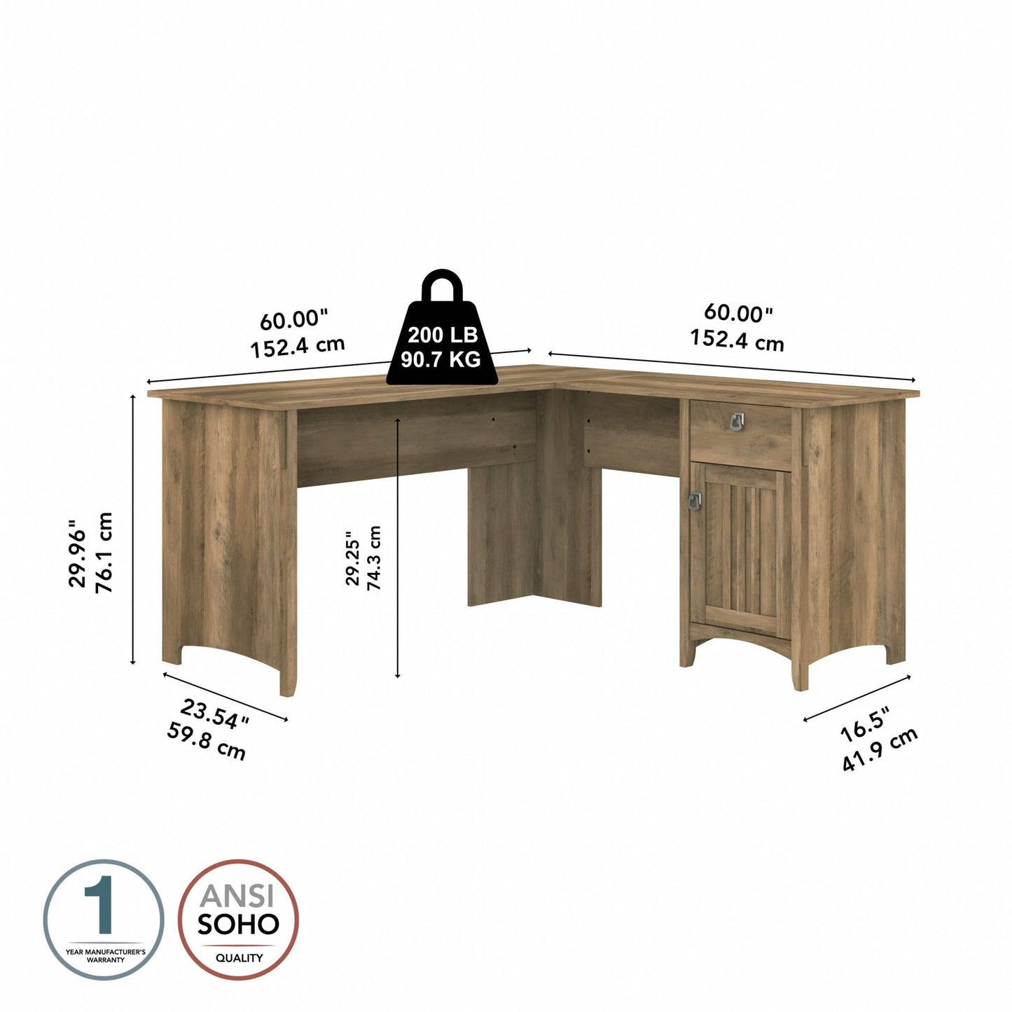Bush Home L Shaped Desk with Storage for Home Office, Modern Farmhouse Corner Table with Drawers and Cabinets, Salinas Collection, Reclaimed Pine