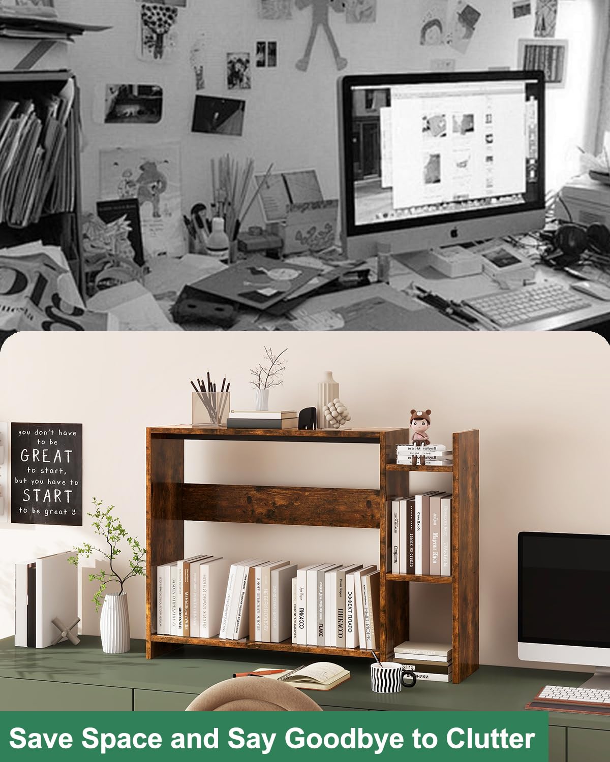 IBUYKE Desktop Bookshelf,36.8" Desktop Organizer Shelf,Wood Desk Hutch for Computer Monitor,Display Shelf for Office Home Dormitory,Brown TMZ008H
