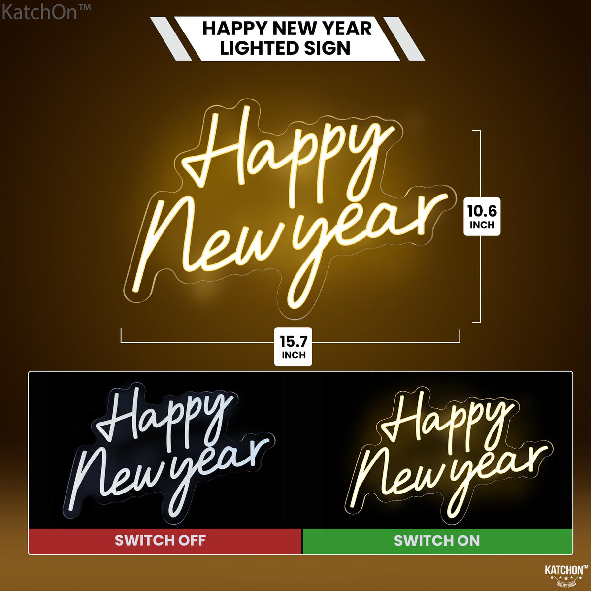 KatchOn, Happy New Year Neon Sign - 16x11 Inch | Happy New Year Led Neon Sign for New Years Decorations 2026 | NYE Lighted Sign, New Years Eve Party Supplies 2026 | New Year Light Up Sign