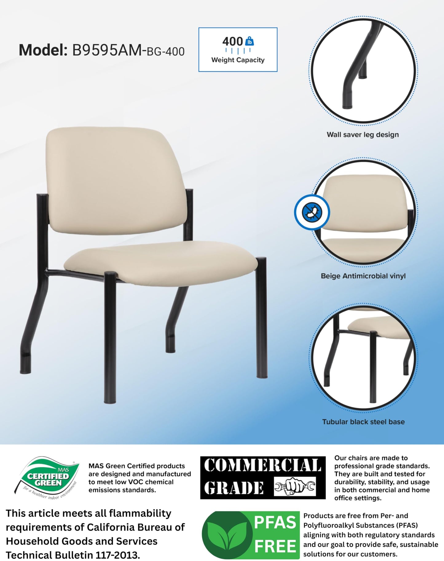 Boss Armless Guest Chair, 400 lb. Weight Capacity, Beige