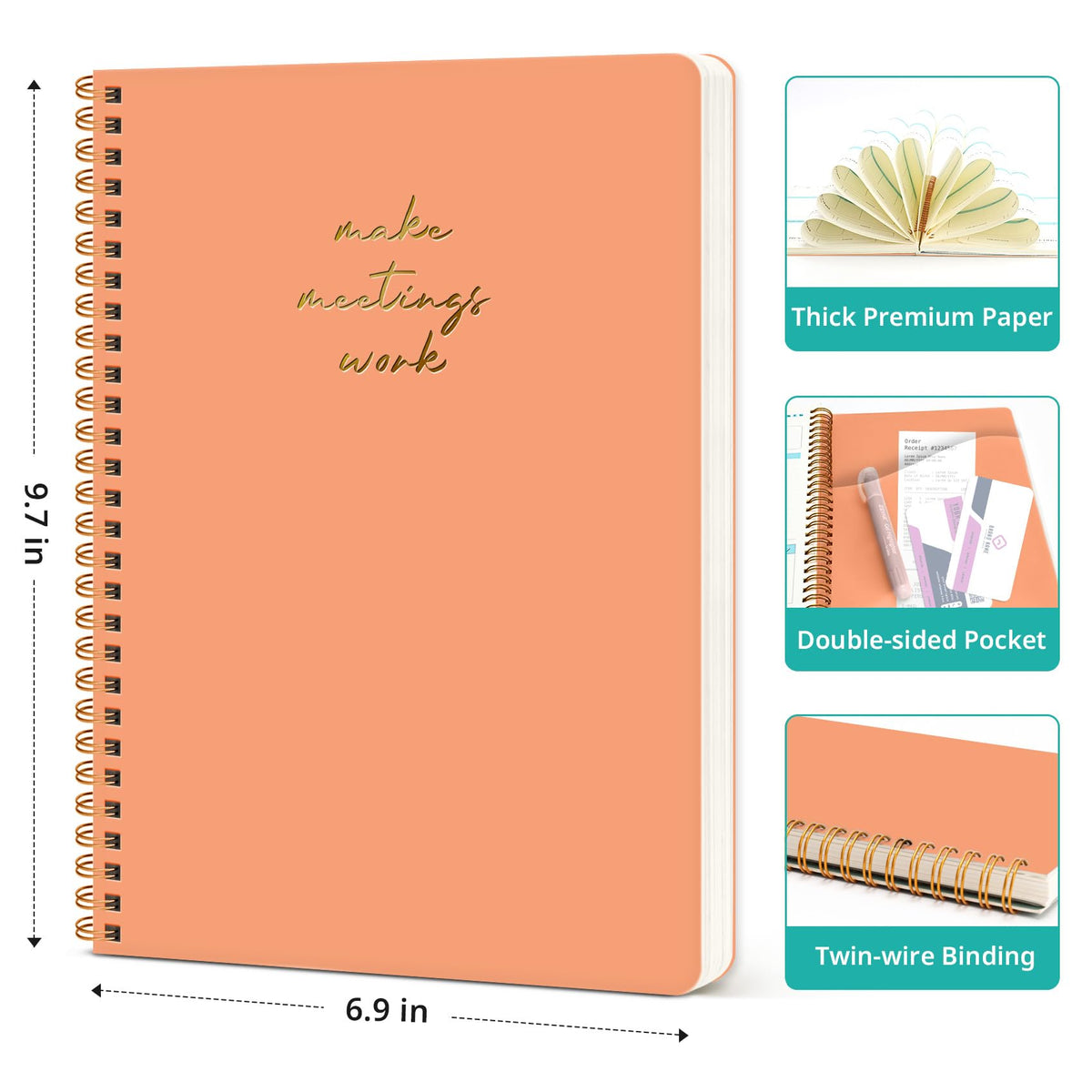 Meeting Notebook for Work Organization - Work notebook with action items, Meeting Minutes Planner Notebook, Perfect Office Supplies for Men & Women - Coral