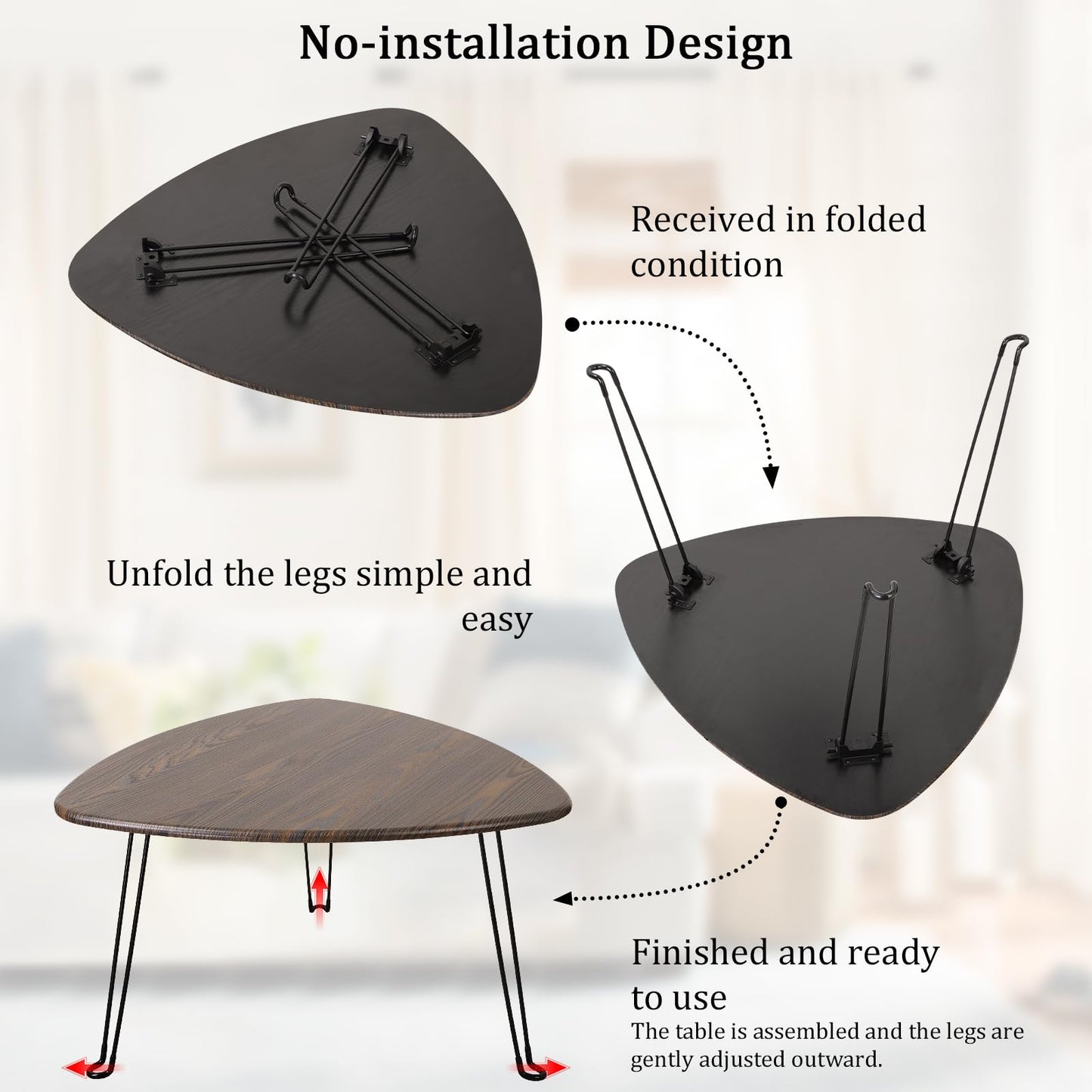 FEUFOAM Folding Coffee Tables for Small Spaces Foldable Industrial Sofa Center Table Triangle Design Wood Framed Coffee Table Mid Century Rustic Brown Floor Desk for Living Room Balcony