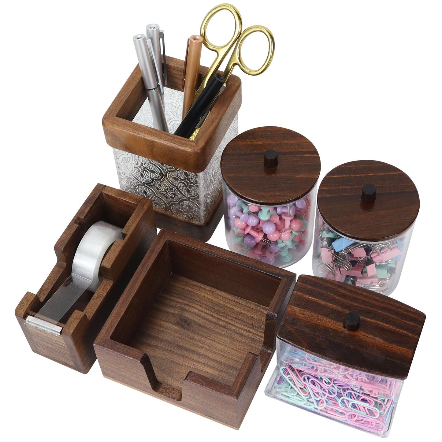 Buqoo 6-Piece Walnut Wood Desk Organizer Set - Pen Holder with Acrylic Insert, Tape Dispenser, Sticky Note Holder, Paper Clip Holder for Home Office School Supplies