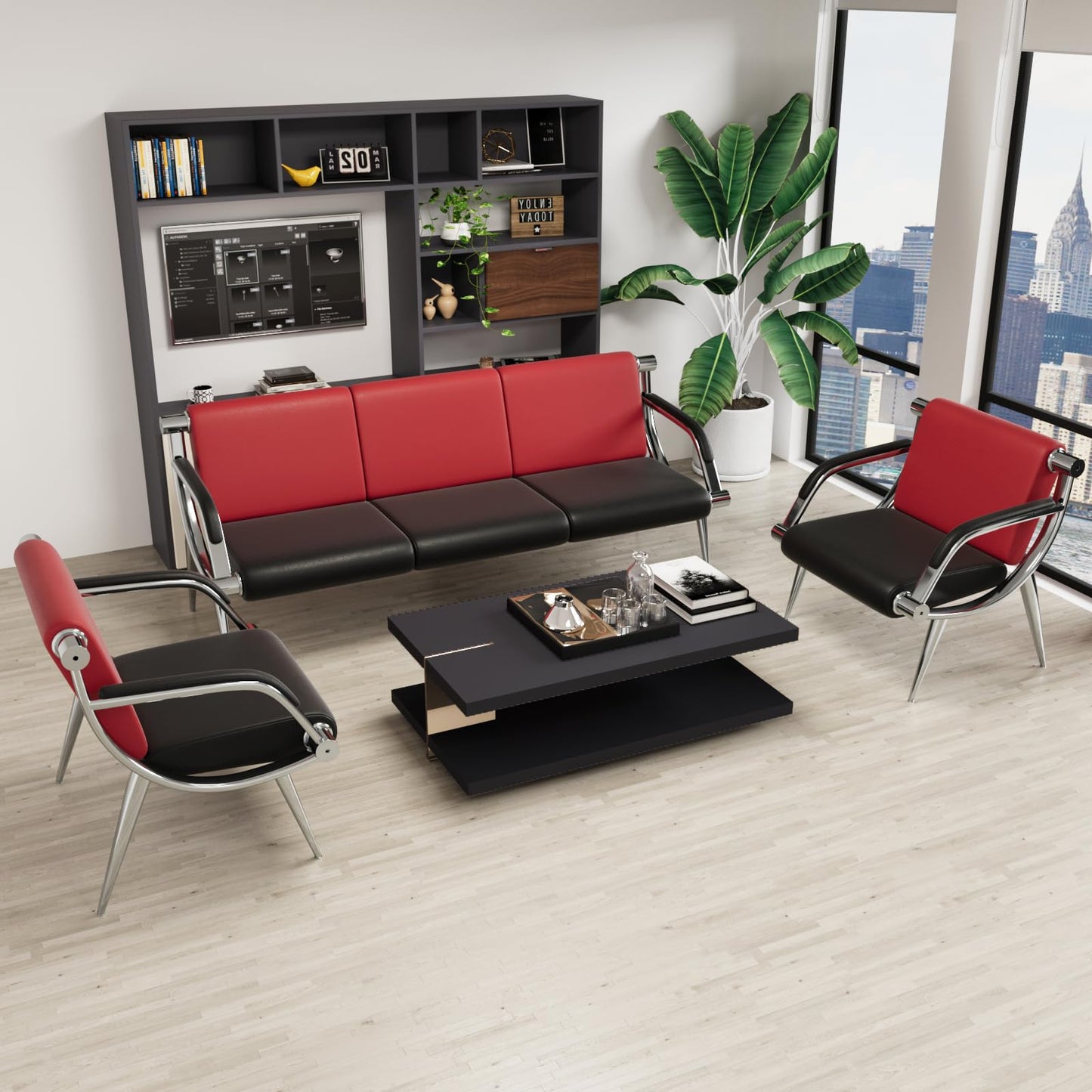 wonline Waiting Room Chair with Armrest PU Leather Office Furniture, Office Guest Seating Lobby Conference Reception Chairs for Airport Clinic Hospital Bank Salon Barber(Red&Black)