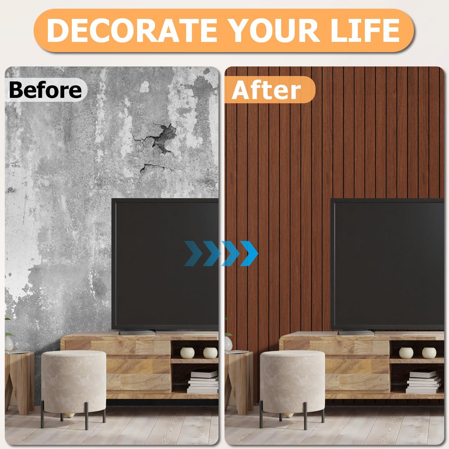 Arthome Peel and Stick Slat Wall Panels 15.7 "x120,Self-Adhesive PVC Wood Grain Wallpaper Panel,3D Thick Faux Soundproof Backsplash Accent Wall Tile for Walls & Furniture (Walnut Coverage 13 Sq.ft)