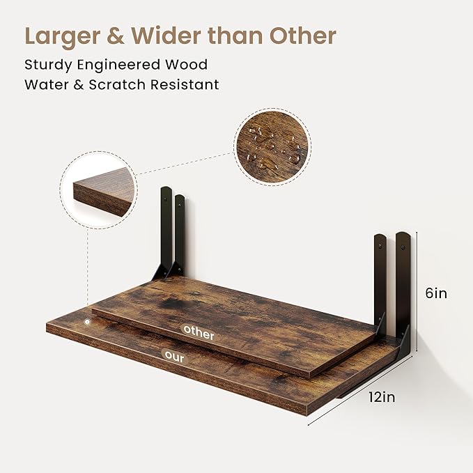 Floating Shelves for Wall, 12 Inch Deep Floating Shelves Set of 2, Wall Mounted