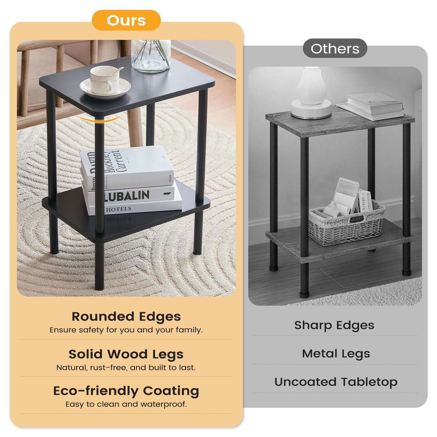 Apicizon 2 Tier End Table, Small Side Table with Solid Wood Legs, Boho Bedside Table with Storage Shelf, Nightstand for Small Spaces, Bedroom, Living Room, Entryway, Farmhouse, Easy Assembly, Black
