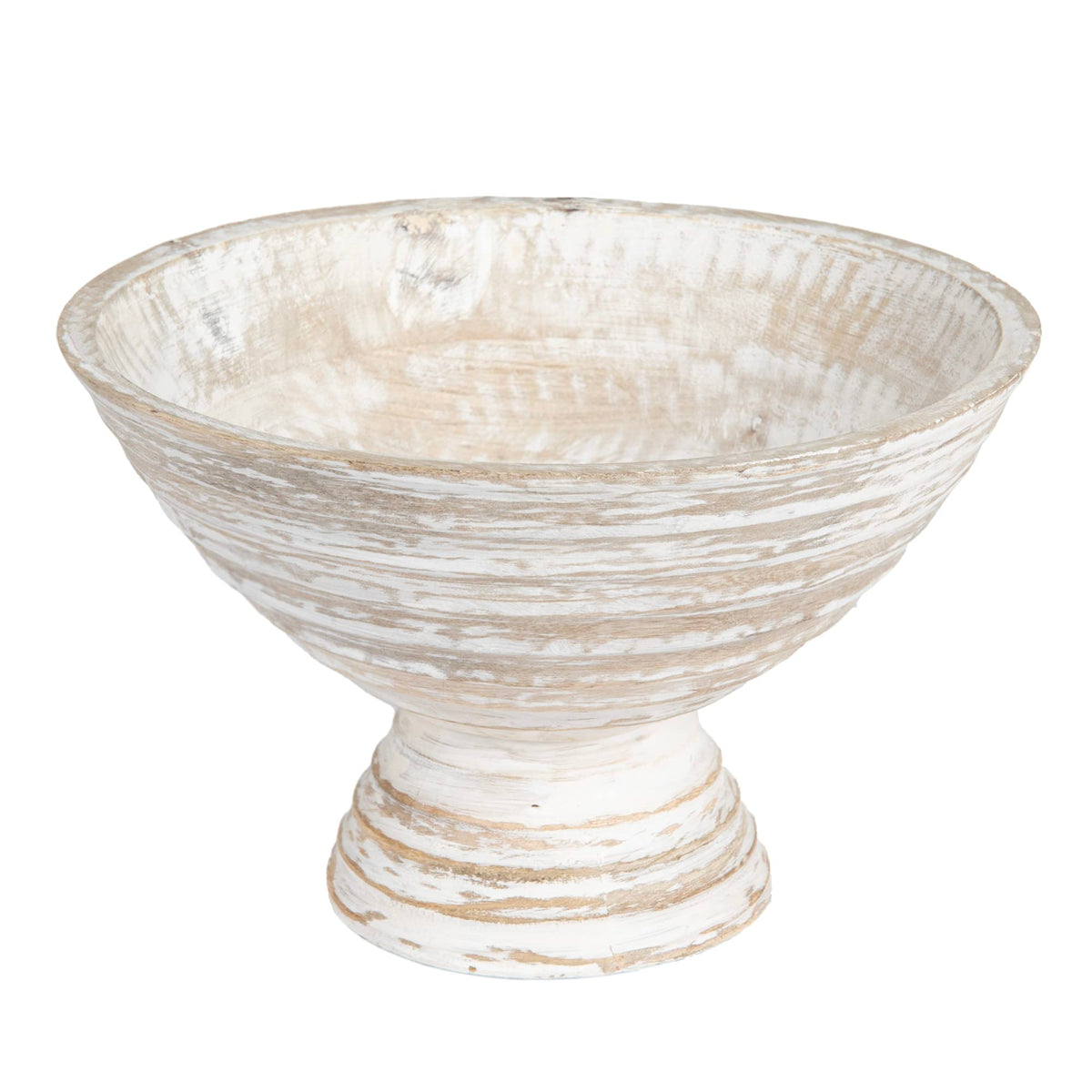 Creative Co-Op Boho Wood Pedestal Serving Bowl, White Wash Finish