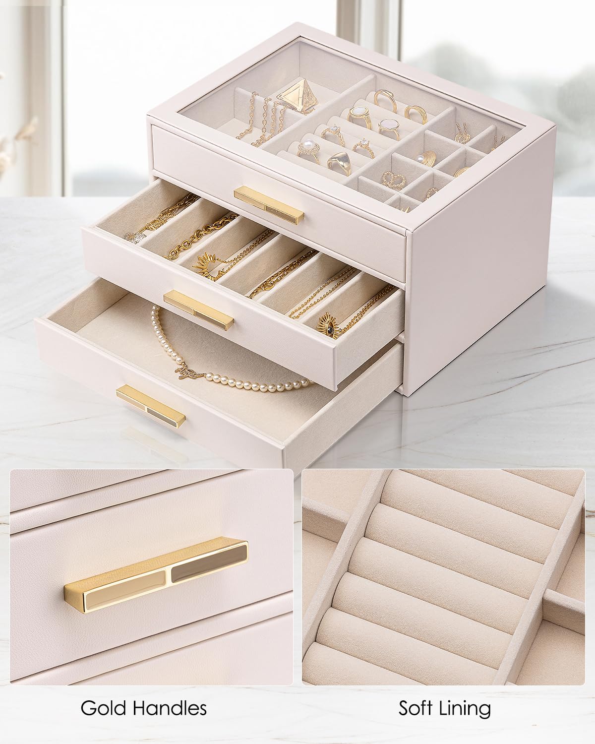 VLANDO Jewelry Box for Women, Glass Lid Jewelry Organizer with 3 Drawers for Necklaces Rings Earrings Bracelets - Light Pink