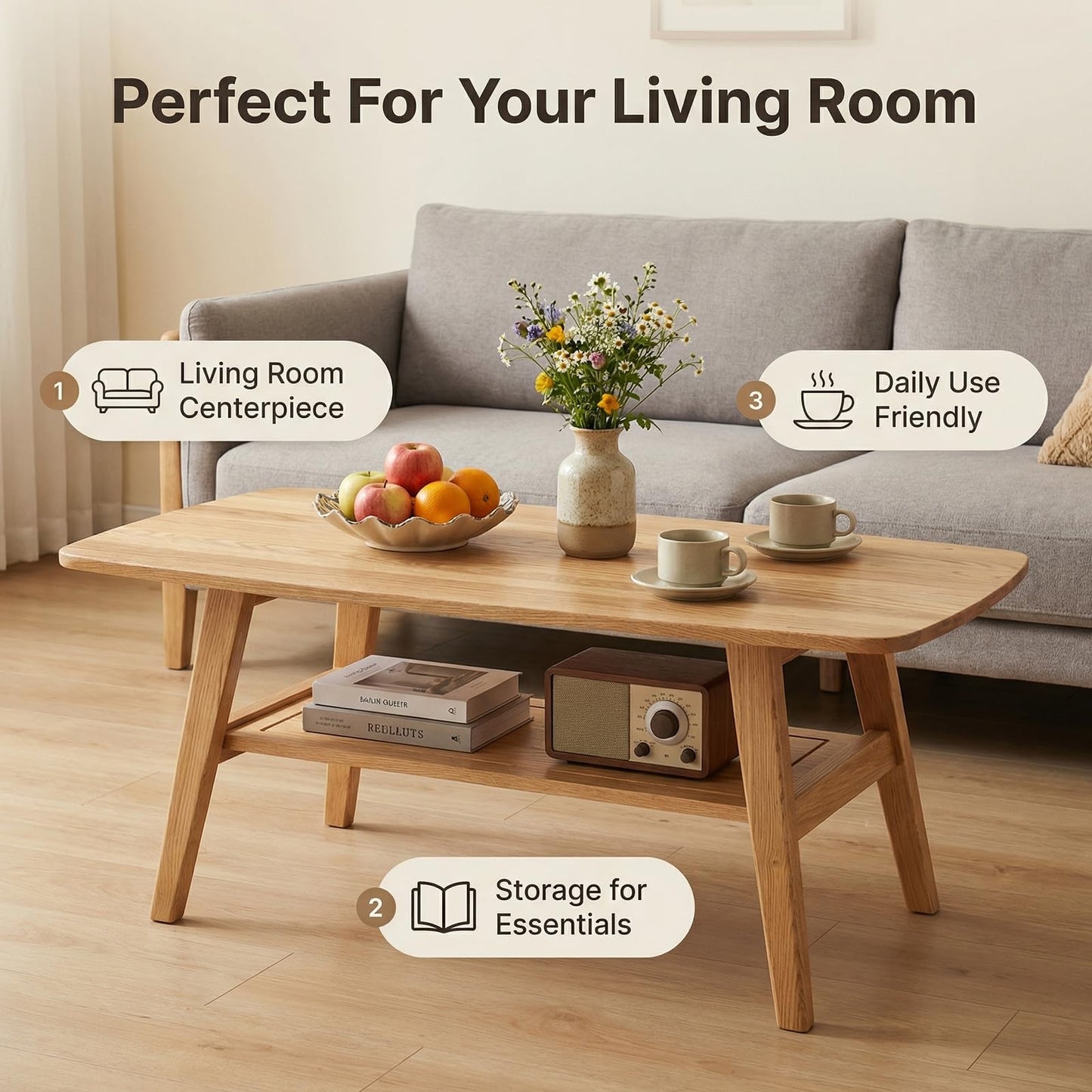 KEIKI 100% Solid Oak Wood Coffee Table, Mid Century Modern Coffee Table with Storage Shelf, 2-Tier, Smooth Corners, for Living Room, Office, Apartment, Wood