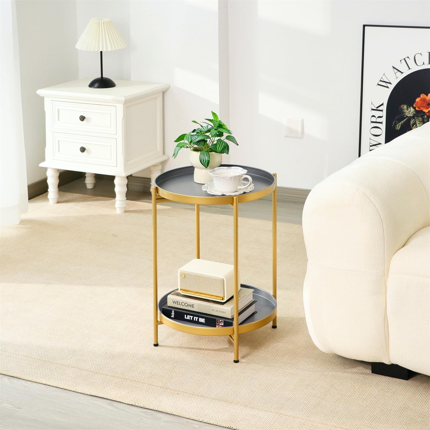 Mordchil HF 2-Tier Round End Side Table, Small Metal Side Table with Removable Tray, Folding Accent Tables for Living Room, Balcony, Nightstand for Bedroom, Outdoor Tables for Patio, Gold&Grey
