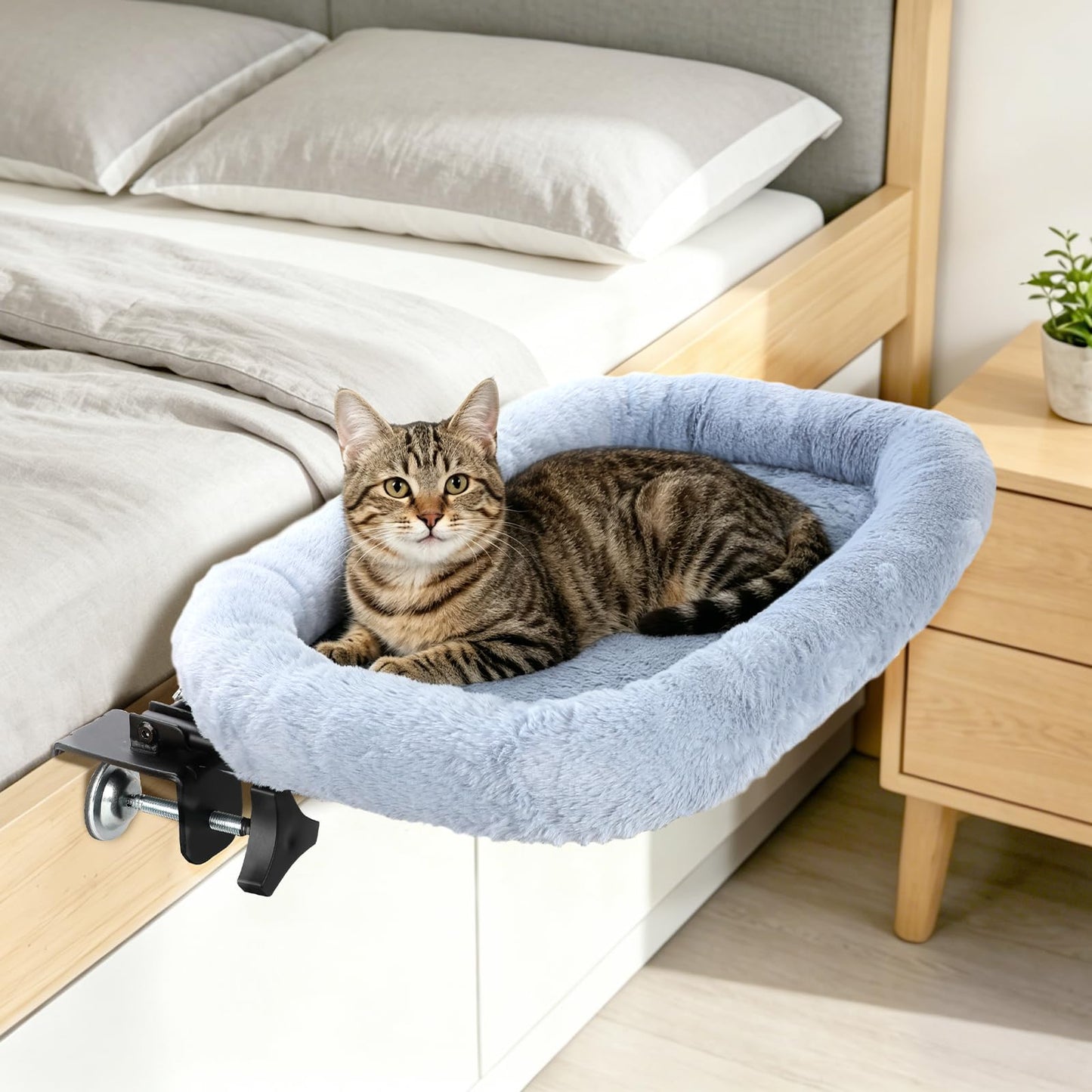 Midollarle Bedside Cat Bed, 23"x14" Spacious Pet Beds Attached to Human Bed, Soft Plush Foldable Cat Beds with Steel Clamp, Removable & Washable Pet Bed Supports Up to 40lbs