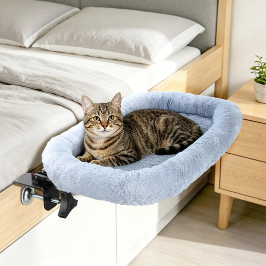 Midollarle Bedside Cat Bed, 23"x14" Spacious Pet Beds Attached to Human Bed, Soft Plush Foldable Cat Beds with Steel Clamp, Removable & Washable Pet Bed Supports Up to 40lbs