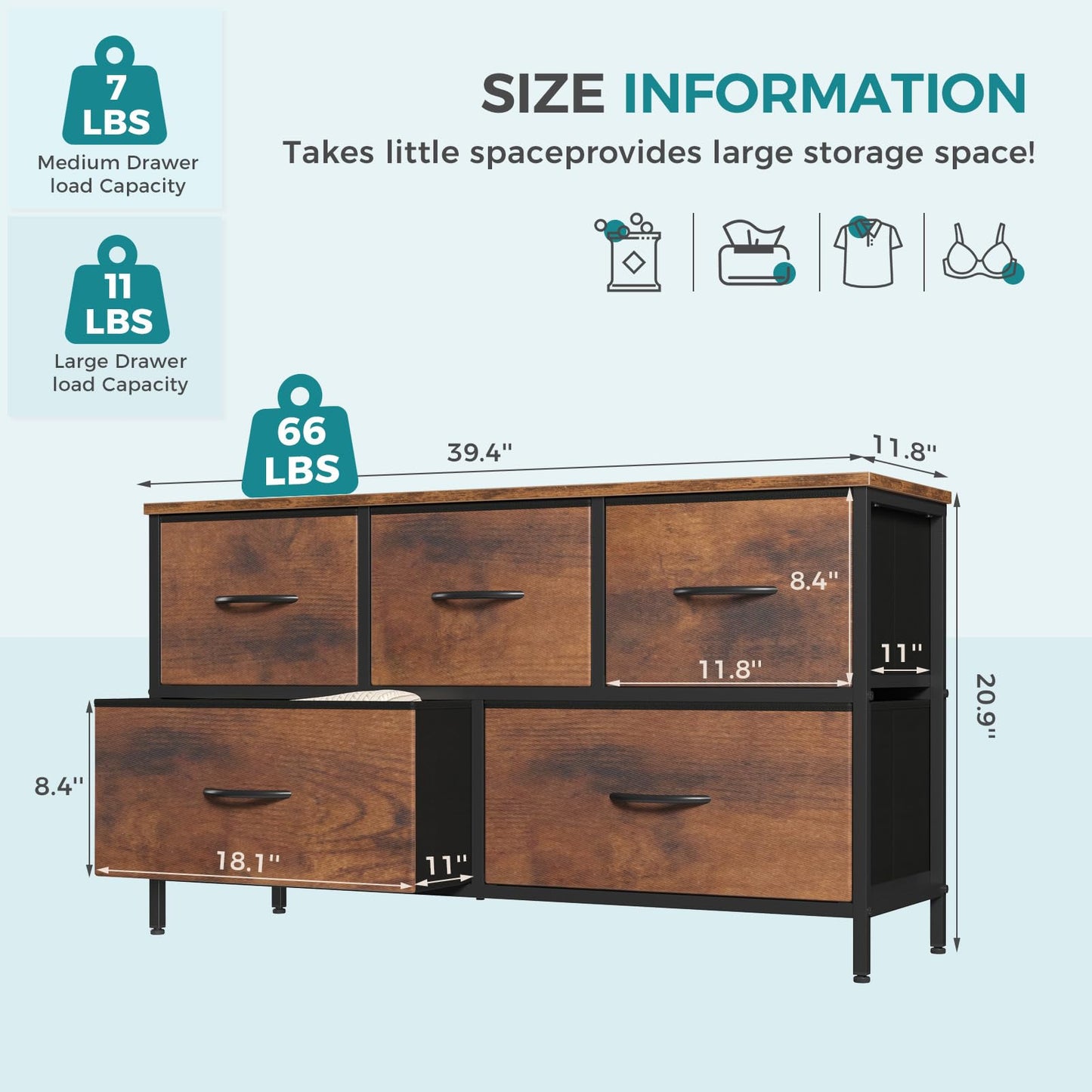 OLIXIS 5 Drawer Dresser for Bedroom, Closet Chest Organizer Furniture, TV Stand for Living Room Hallway, Wide Fabric Storage Tower with Wooden Top and Metal Frame, Brown