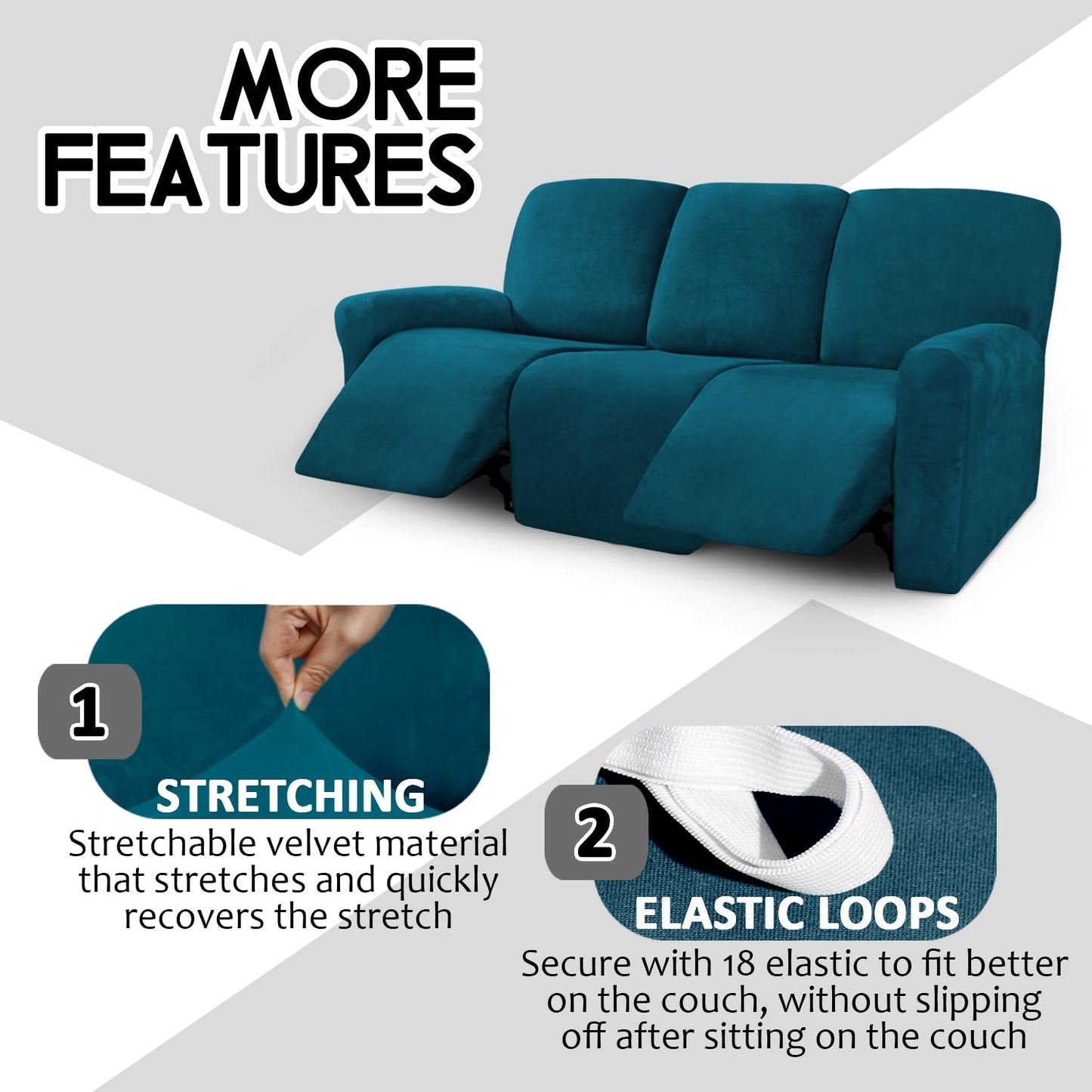 ULTICOR Velvet 8-Pieces Recliner Sofa Covers Stretch Reclining Couch Covers for 3 Cushion Reclining Sofa Slipcovers Furniture Covers Thick Soft Washable (3 Seater Recliner Cover, Deep Teal)