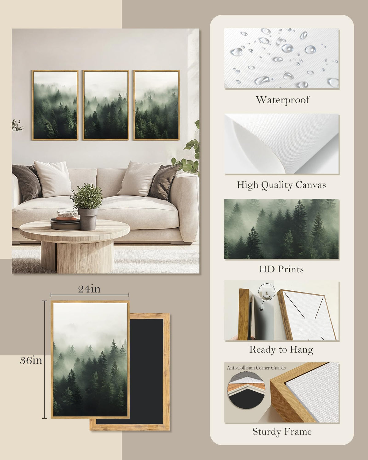 SHENIFY Green Fog Pine Tree Forest Canvas Wall Art Large 24x36in Framed Nature Modern Artwork Prints Decor - Natural Framed
